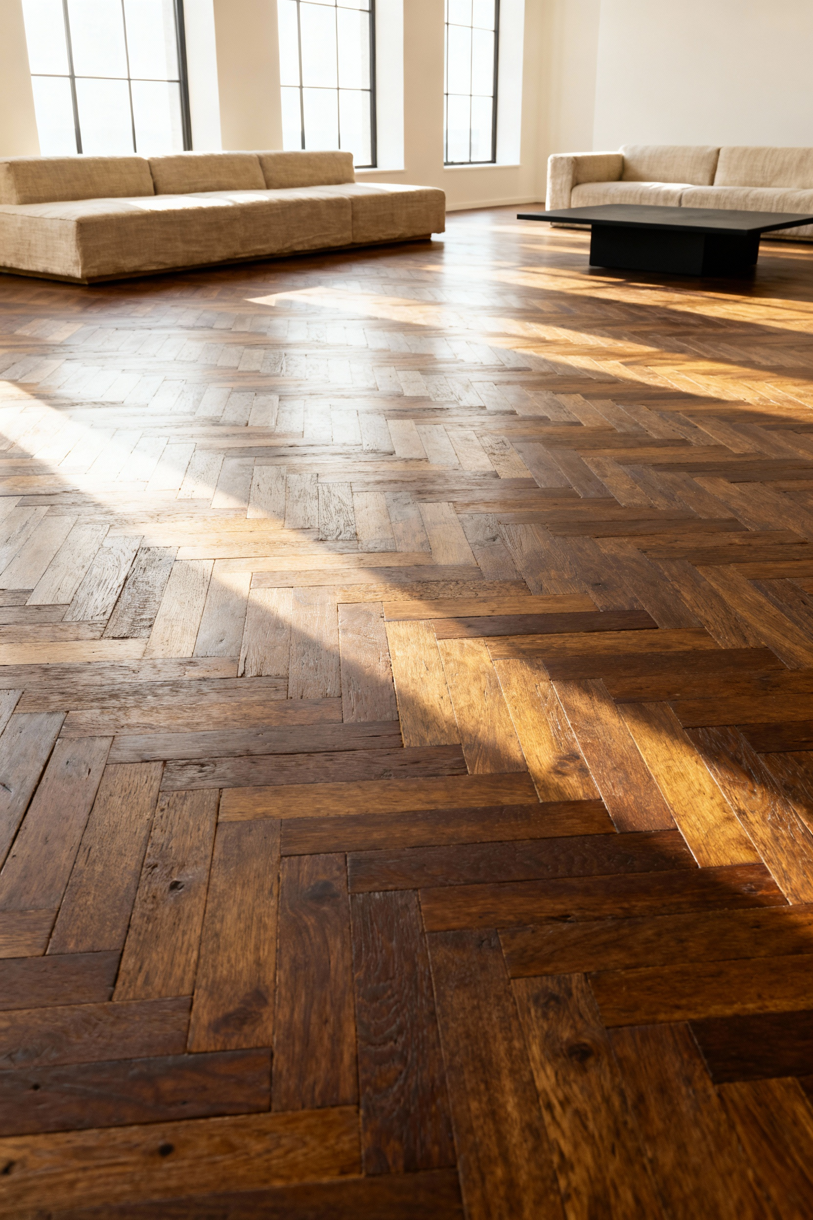 A full view of an elegant, sunlit living room featuring a rich, dark oak floor installed in a classic Herringbone parquet pattern, showcasing the uniform, staggered planks under bright natural light.