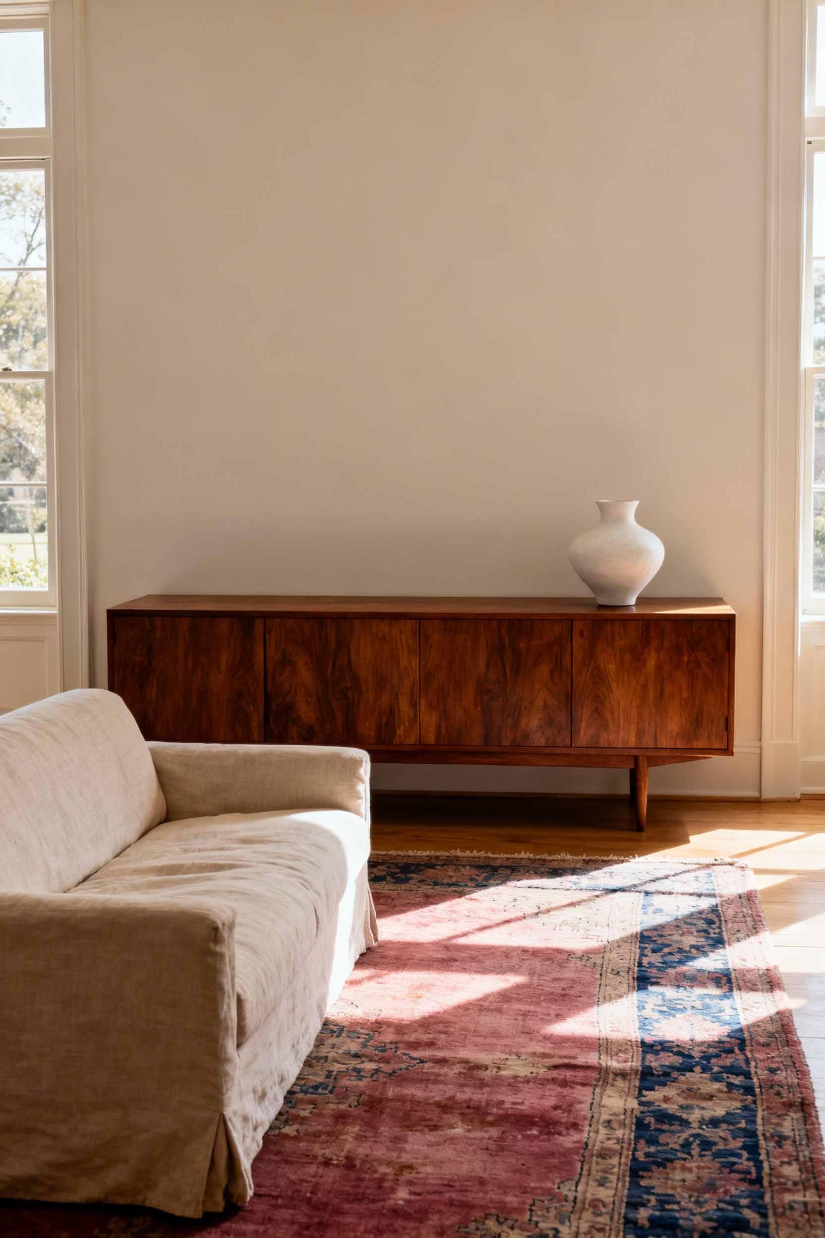 A warm, inviting living room scene anchored by a prominent vintage mid-century teak credenza and a large, worn crimson Persian rug, beautifully contrasting with a modern oat-colored linen sofa.
