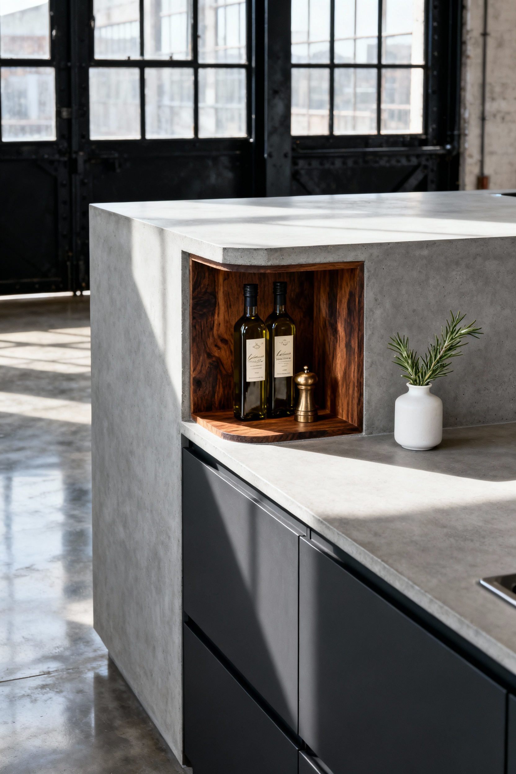 Industrial loft kitchen island with flush, recessed end-cap cabinet niche displaying artisanal olive oils and fresh herbs, utilizing otherwise unused structural space.