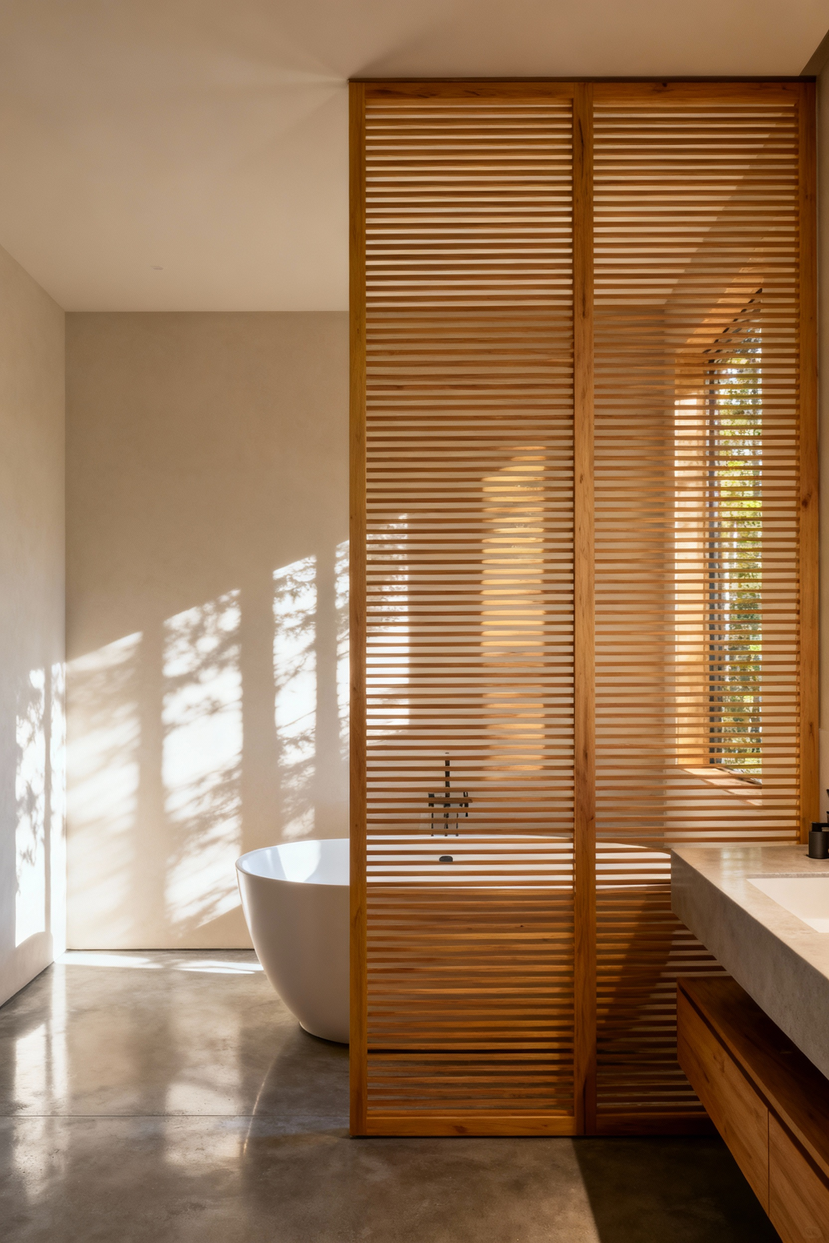 Elegant louvered Alaskan Yellow Cedar wood screen partitioning a modern, minimalist bathroom, showcasing filtered natural light and subtle privacy between the vanity and soaking tub area. No people.