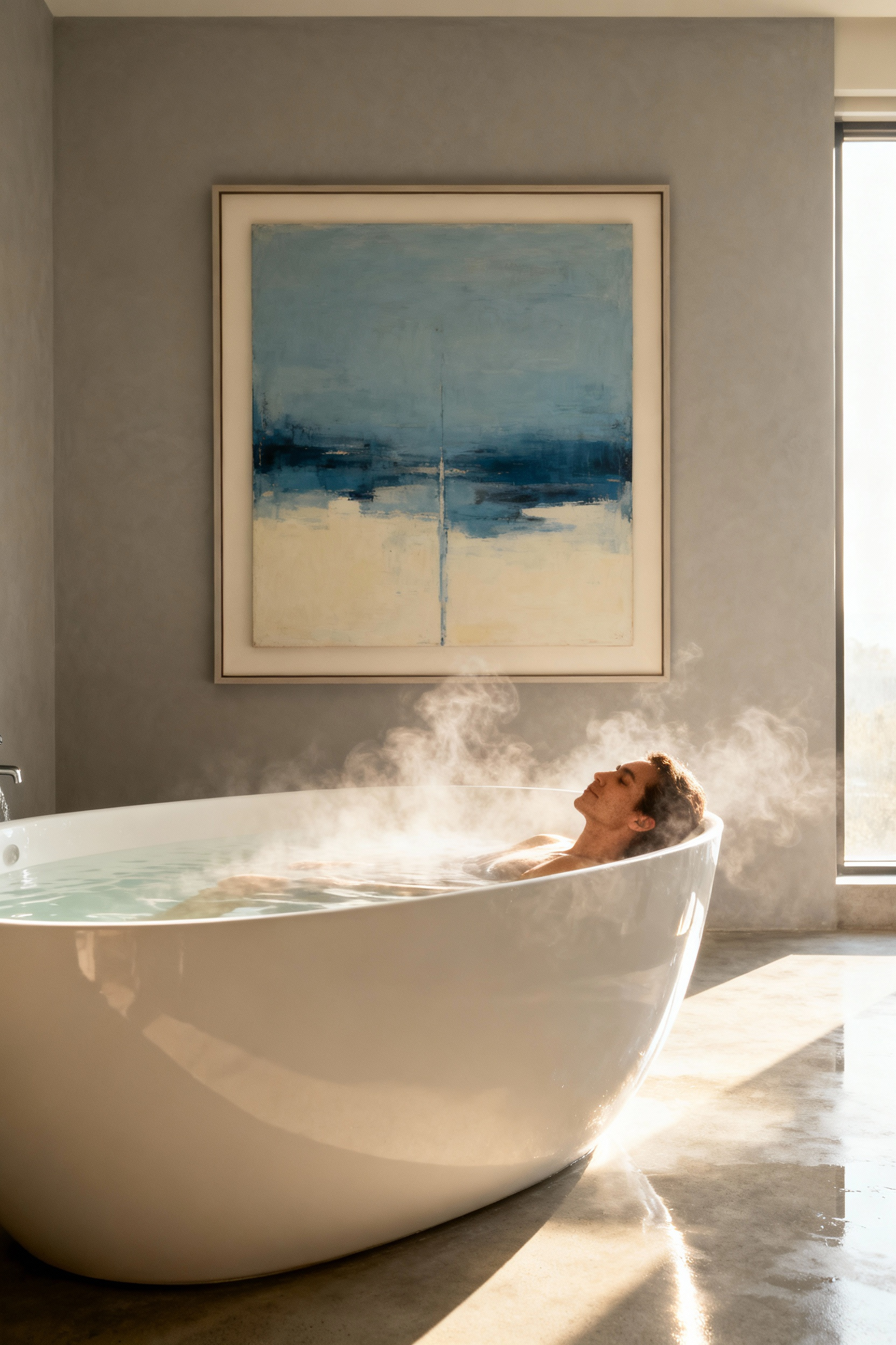 A minimalist bathroom featuring a deep soaking tub and a low-hung framed abstract artwork positioned directly opposite the tub for optimal, contemplative viewing while reclining.