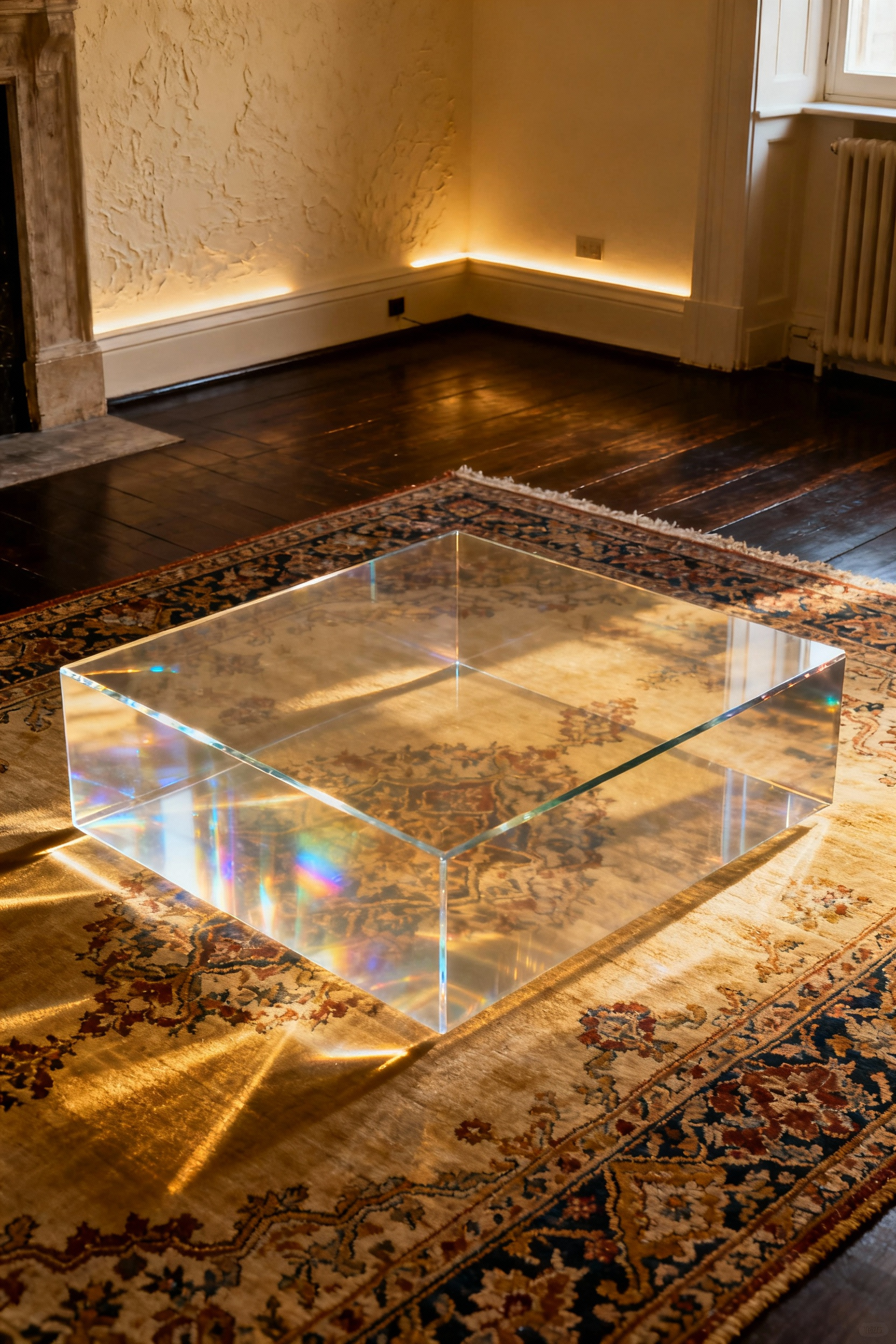A close-up, low-angle shot of a minimalist, thick-slab clear Lucite coffee table sitting on a richly patterned vintage Persian rug in a small, warmly lit apartment. The table appears visually weightless and almost invisible, highlighting the transparent effect essential for compact spaces.