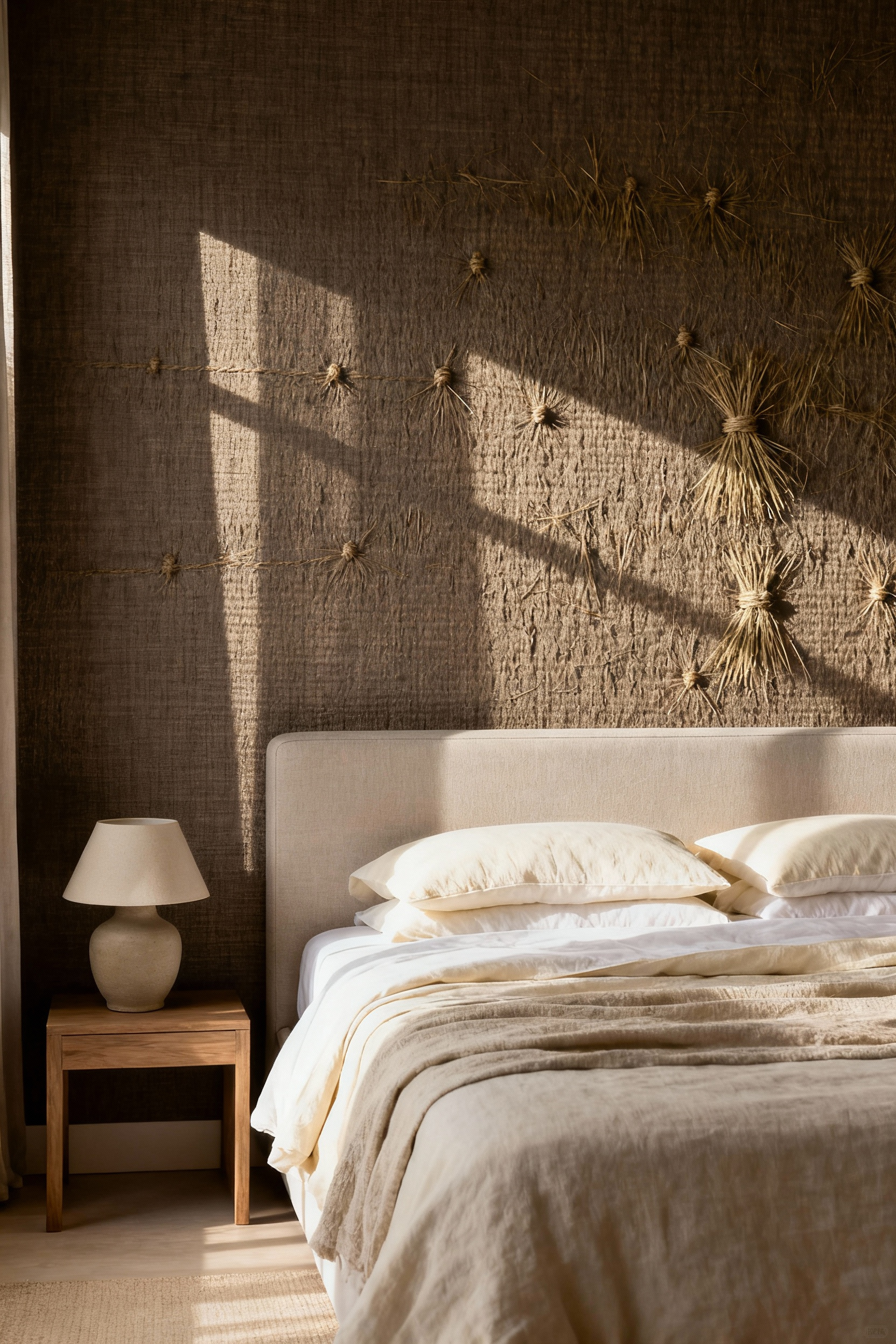 A full-scene photo of a luxurious master bedroom featuring a deep taupe, highly textured grasscloth wallpaper accent wall behind the bed, demonstrating how natural materials absorb light and create a sophisticated, tactile sanctuary.