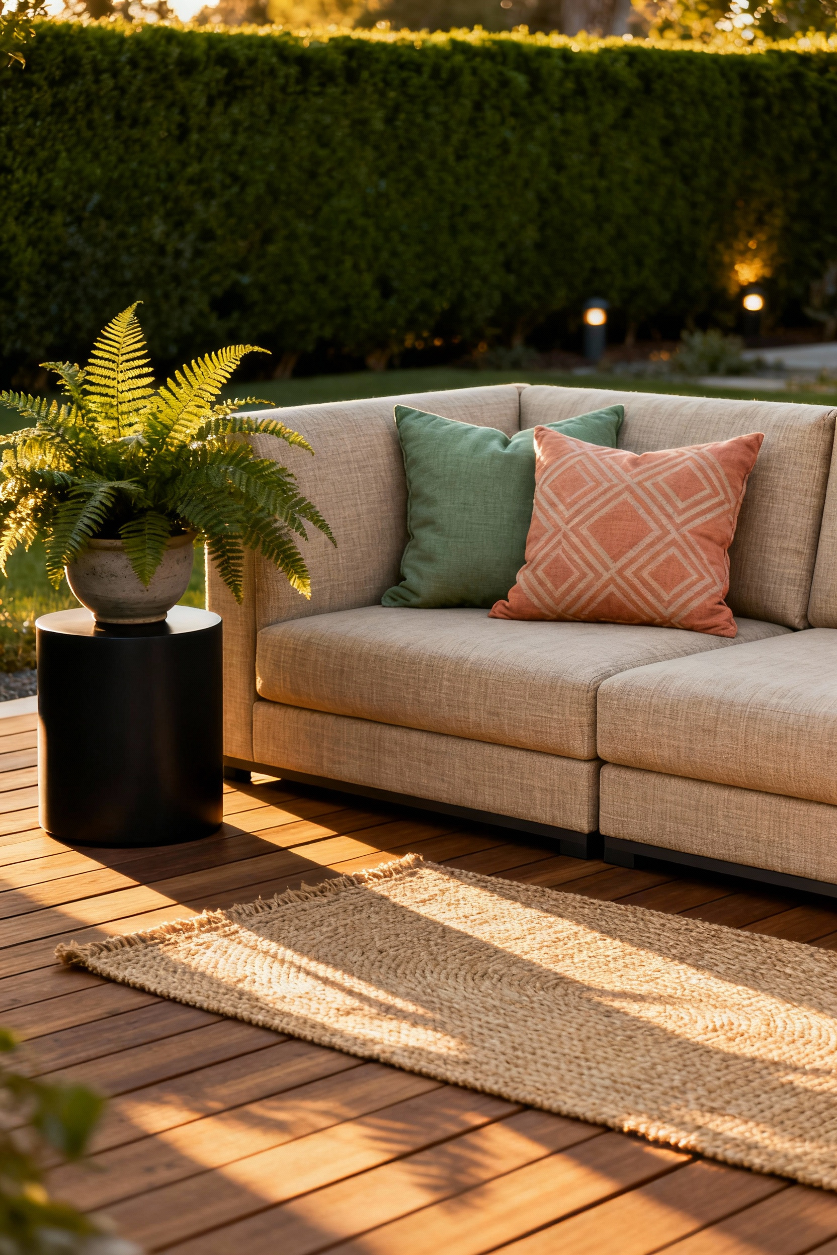 A serene, sunlit back yard design featuring an expansive modern outdoor sectional upholstered in clean, light-colored, non-toxic, weather-resistant fabric, layered with decorative accent pillows and natural fiber rugs on a teak deck, surrounded by lush potted greenery.