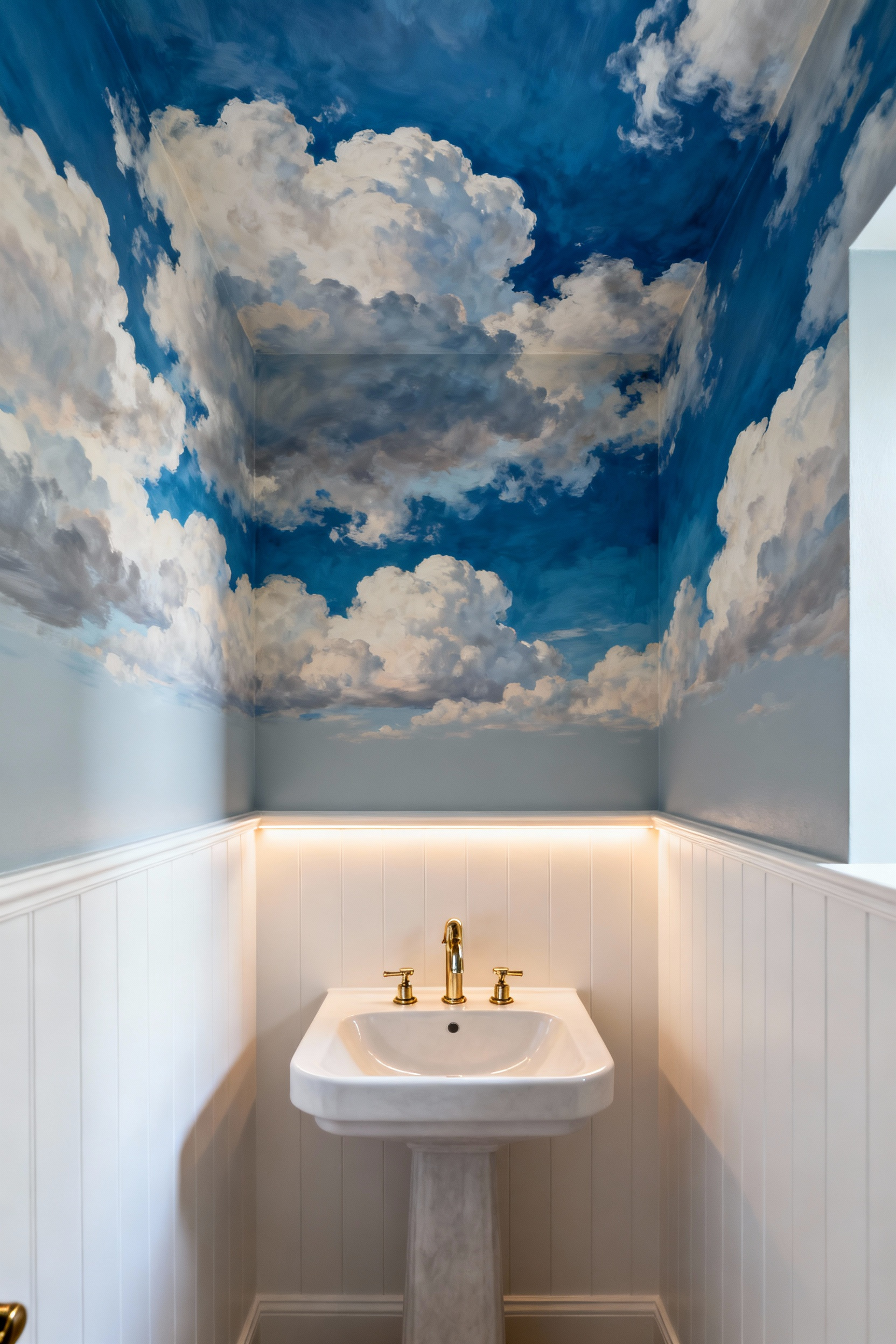 A photograph of a luxurious small powder room featuring high white wainscoting and a dramatic ceiling fresco depicting a hyper-realistic, cloud-filled blue sky, designed to visually expand the space.
