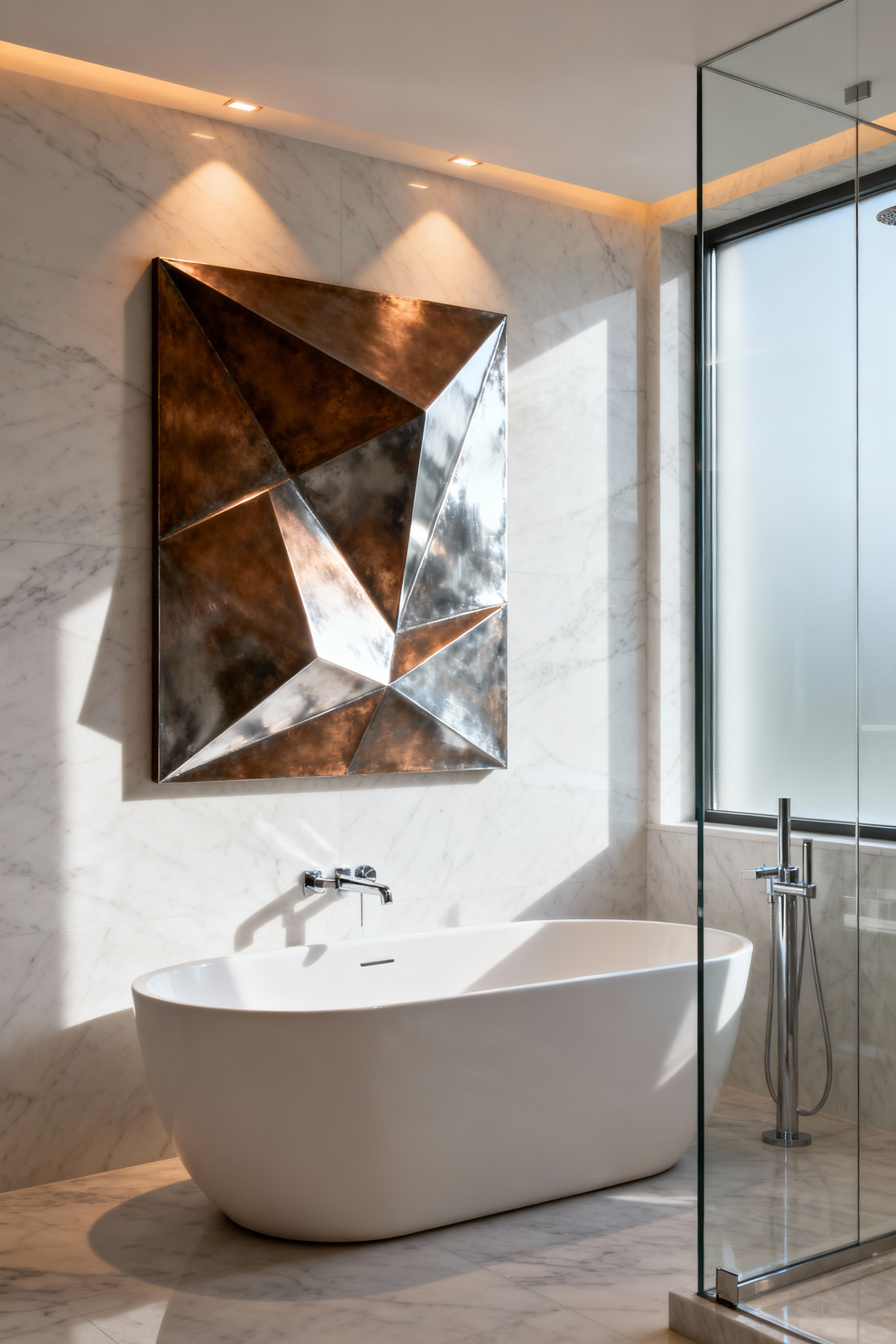 Detailed image of a modern luxury bathroom featuring a large three-dimensional geometric metal relief sculpture mounted on a marble wall, emphasizing durable, non-porous art mediums for moisture resistance.