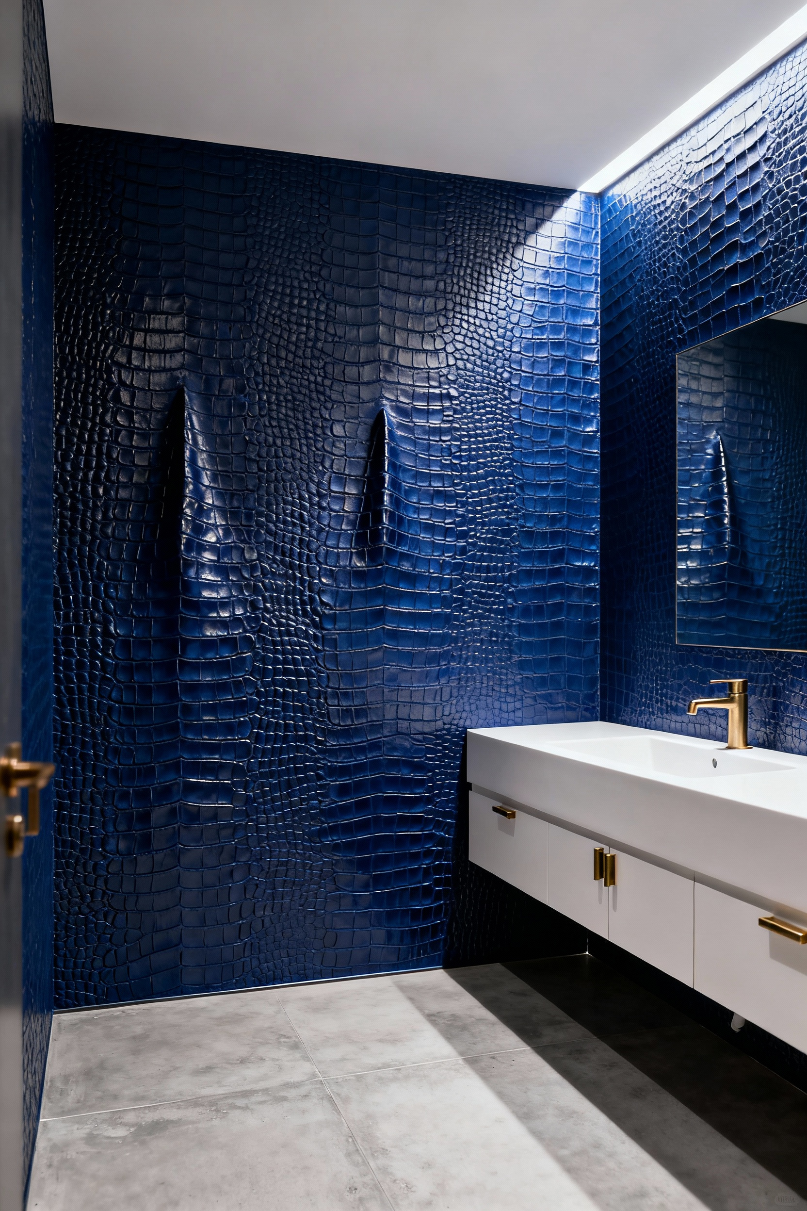 Detailed photograph of a luxury bathroom featuring a wall covered in deep sapphire blue embossed faux-crocodile vinyl wallpaper, contrasting with a white porcelain floating vanity and brushed brass fixtures.