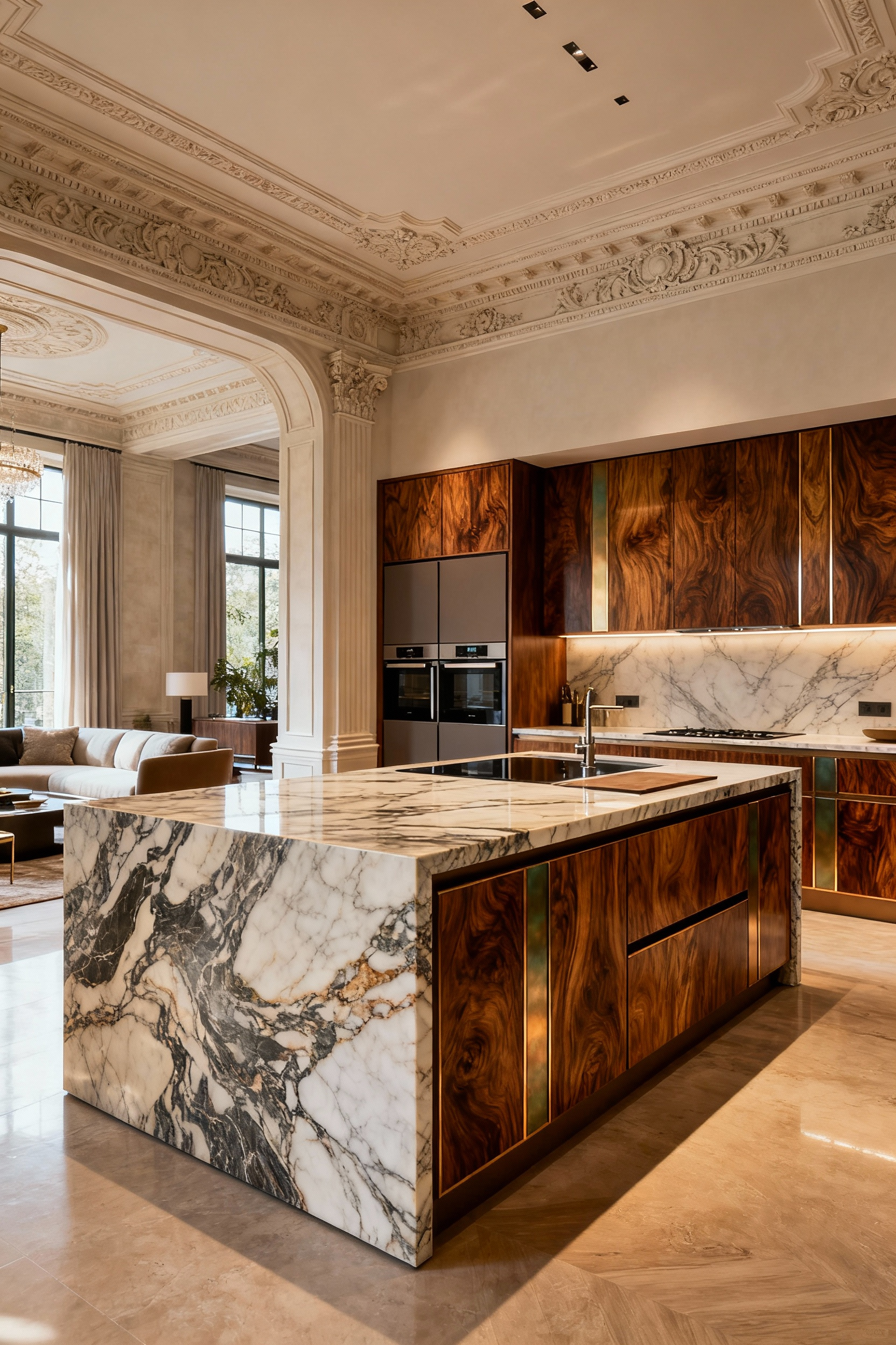 Luxury kitchen with a large veined marble island, bespoke exotic wood cabinetry, and integrated architectural details seamlessly blending with the grand home's overall design.
