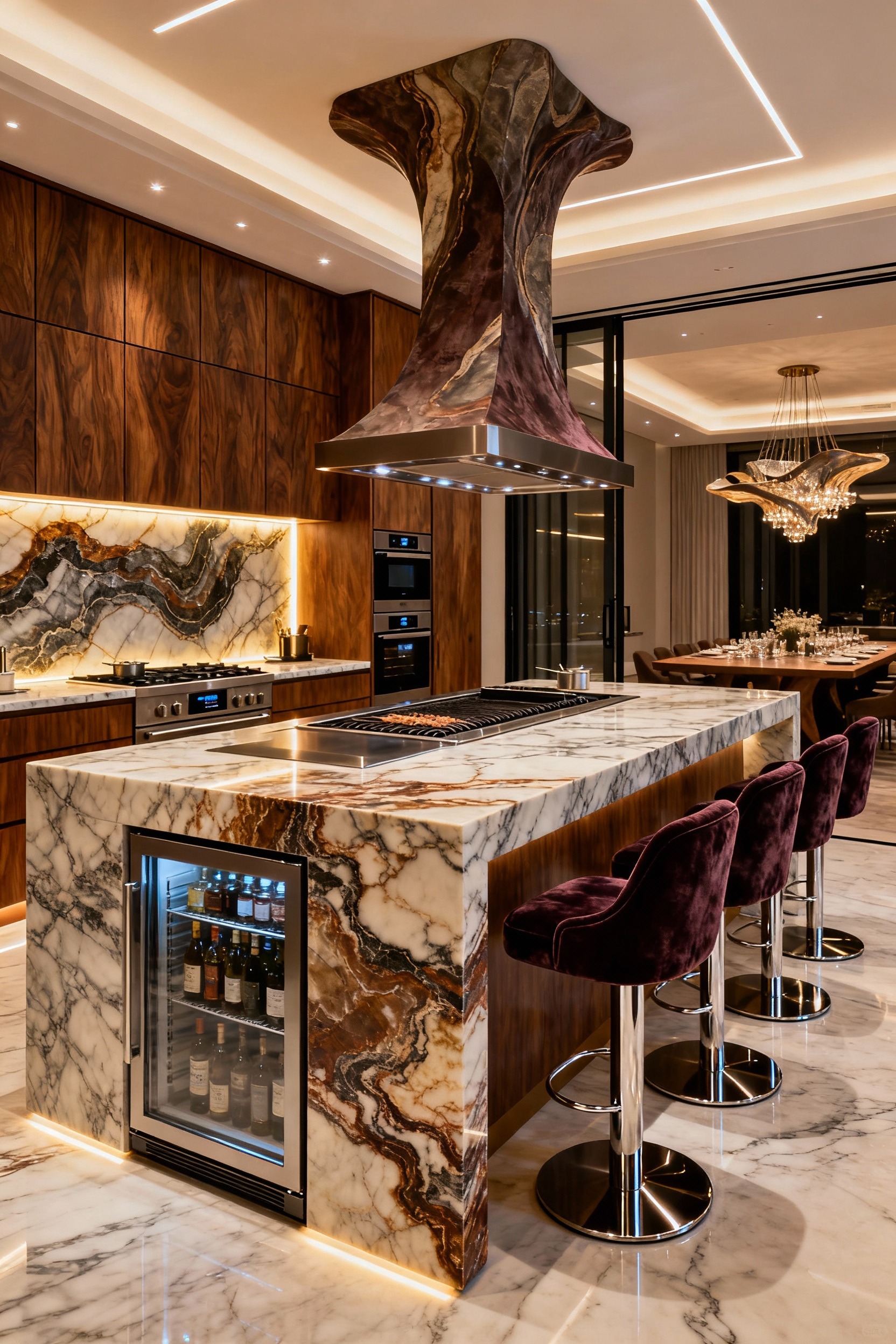 A professional wide-angle photo of a modern luxury kitchen featuring a large Calacatta Macchia Vecchia marble island with velvet bar stools, a backlit onyx backsplash, and exotic wood cabinetry, designed for high-capacity social entertaining and fine dining. No people.