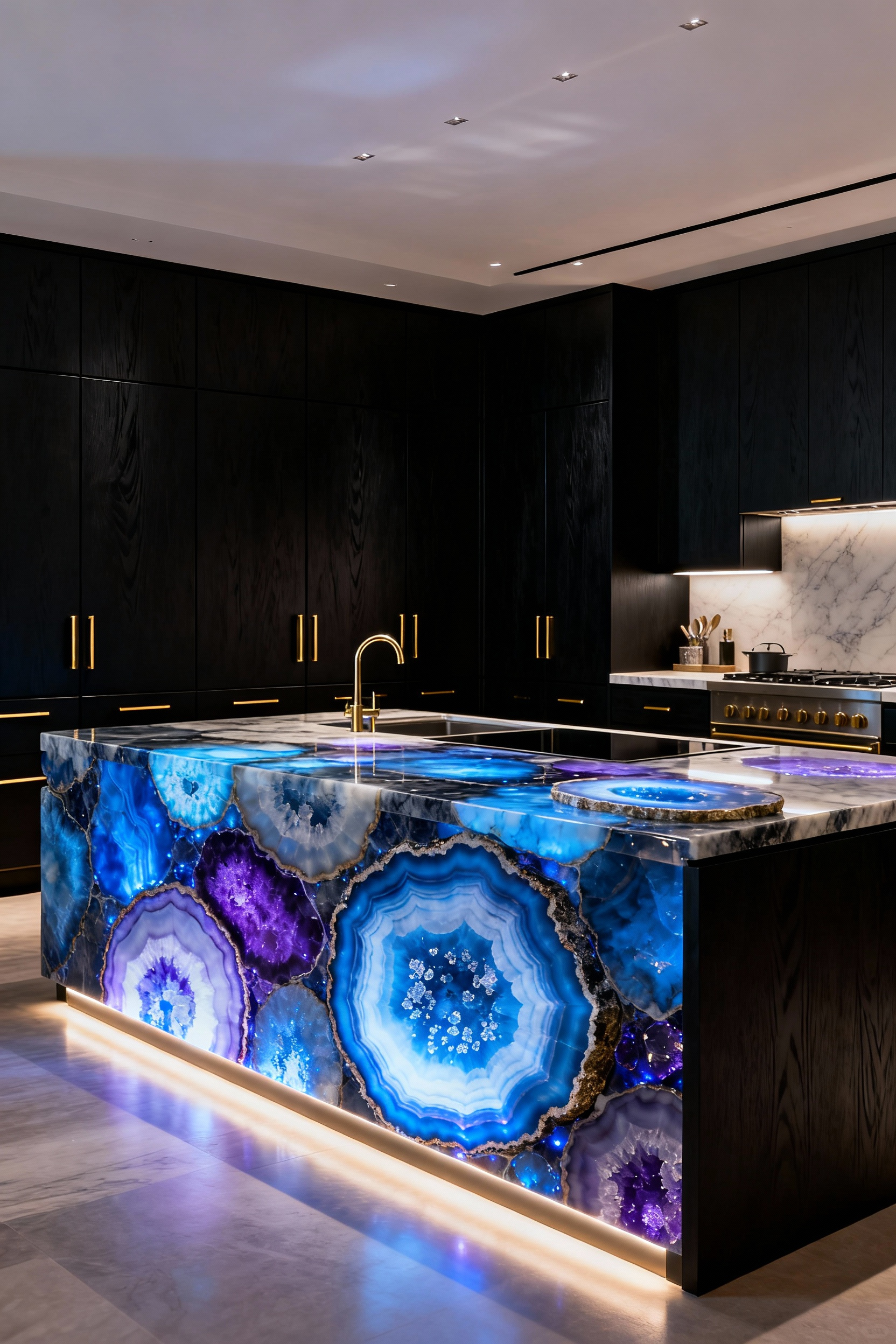 A dramatic photograph of a luxury kitchen featuring a large central island countertop made of vividly backlit blue and purple semi-precious agate slabs.