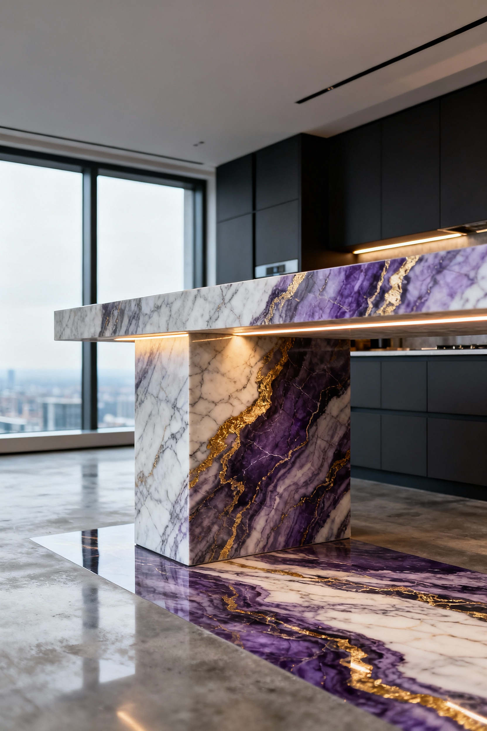 A photograph of a luxury open-concept kitchen featuring a dramatic Calacatta Viola marble island with flawless bookmatched waterfall edge detailing.