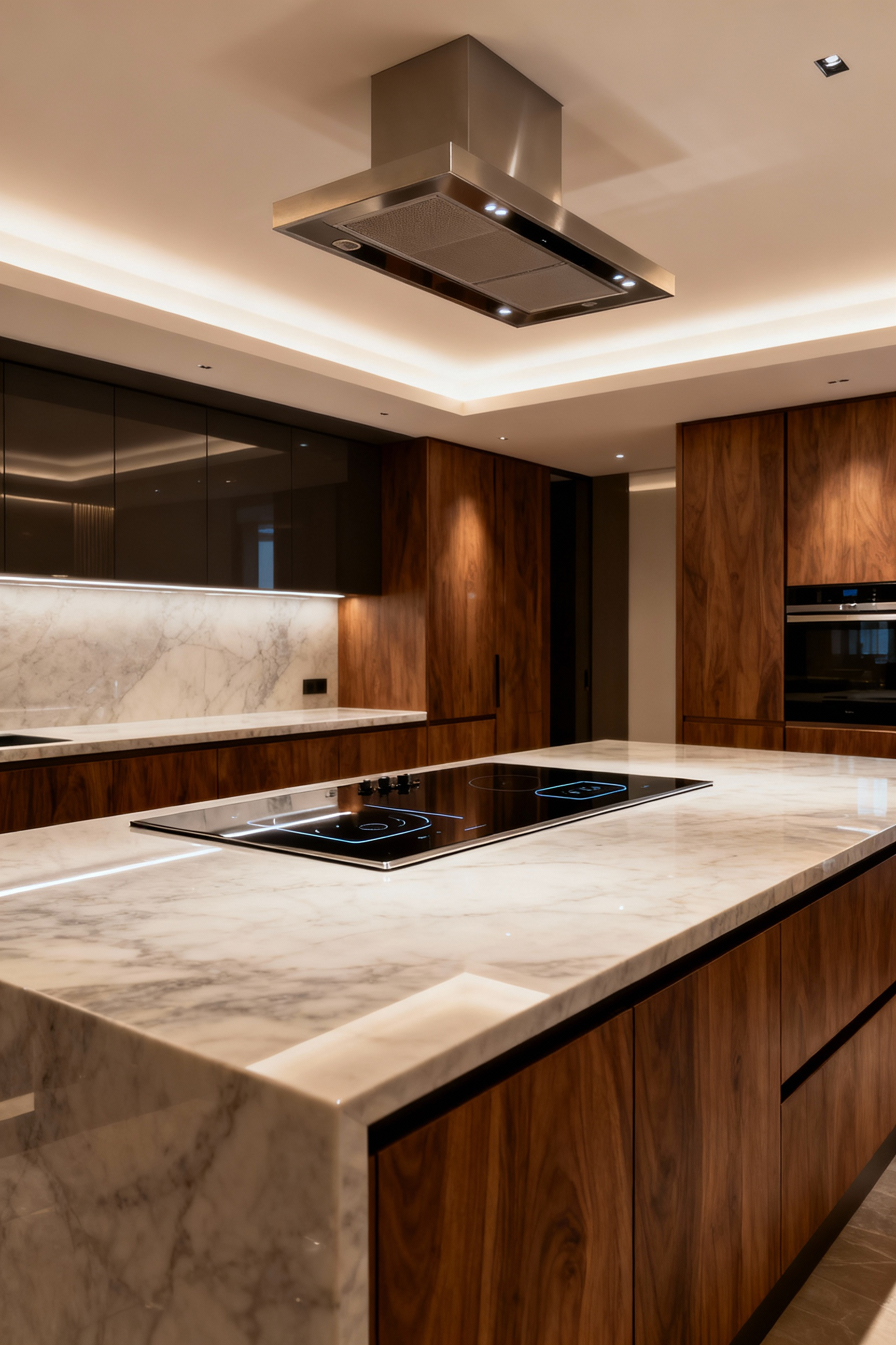 A modern luxury kitchen showcasing subtle, integrated smart home technology. High-end appliances, minimalist controls, and ambient lighting blend seamlessly into a pristine, sophisticated design.