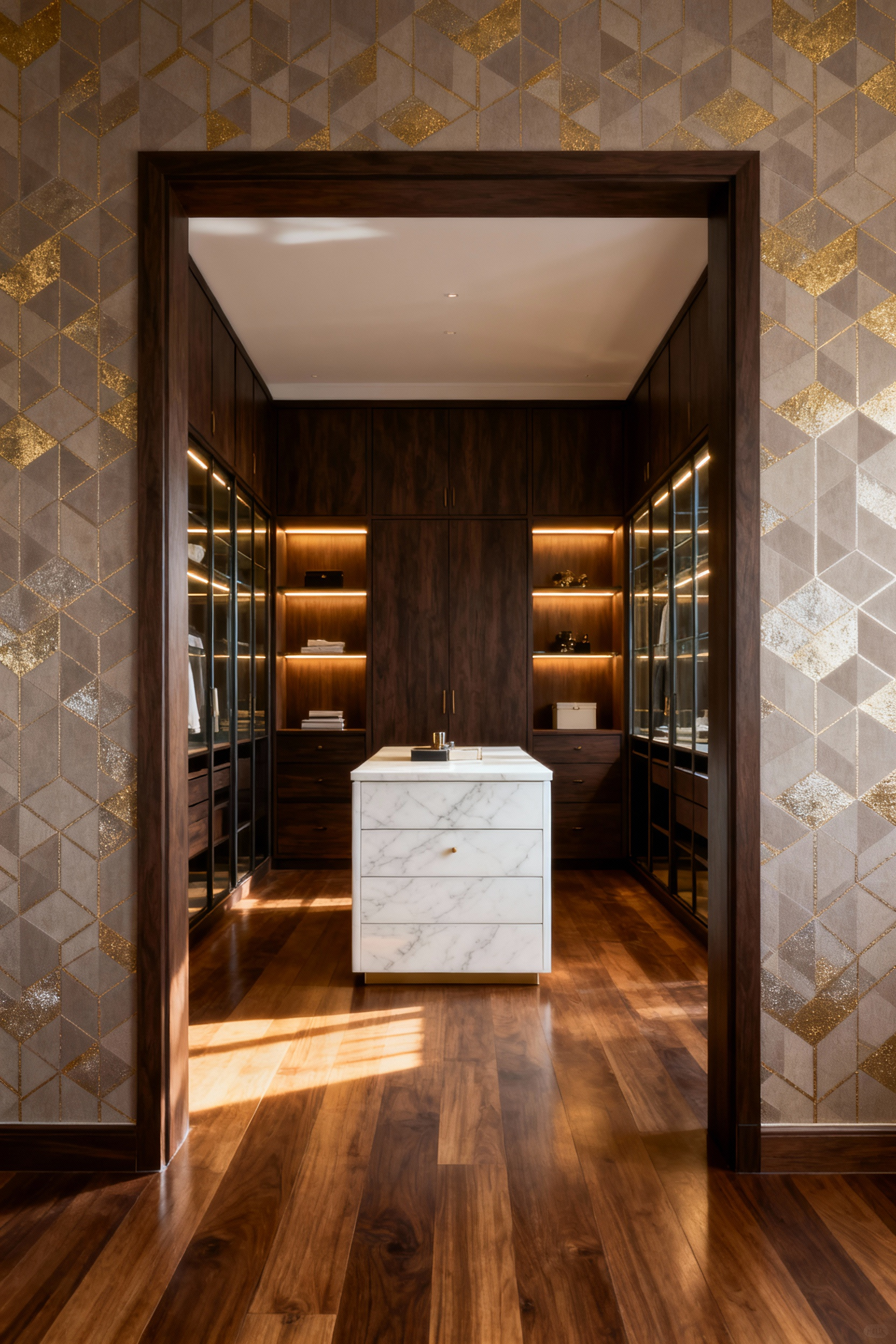 Seamless luxury master bedroom design transition into a walk-in wardrobe featuring continuous patterned metallic wallpaper and custom dark walnut cabinetry.