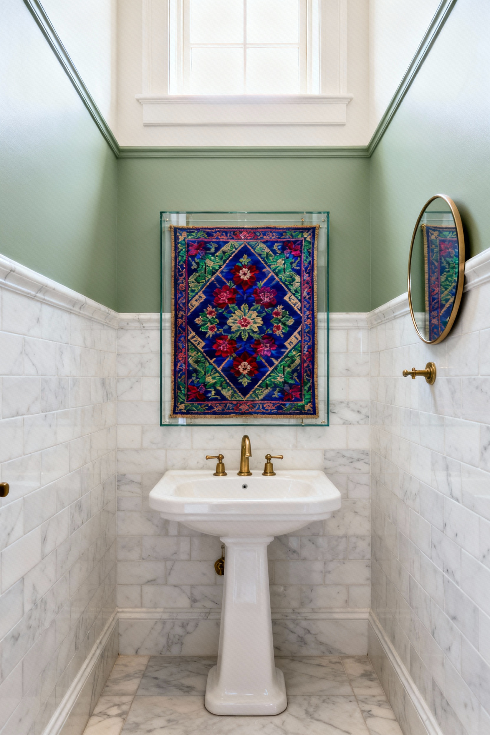 Framed vintage silk tapestry in jewel tones displayed above a pedestal sink in a well-ventilated, transitional style powder room.