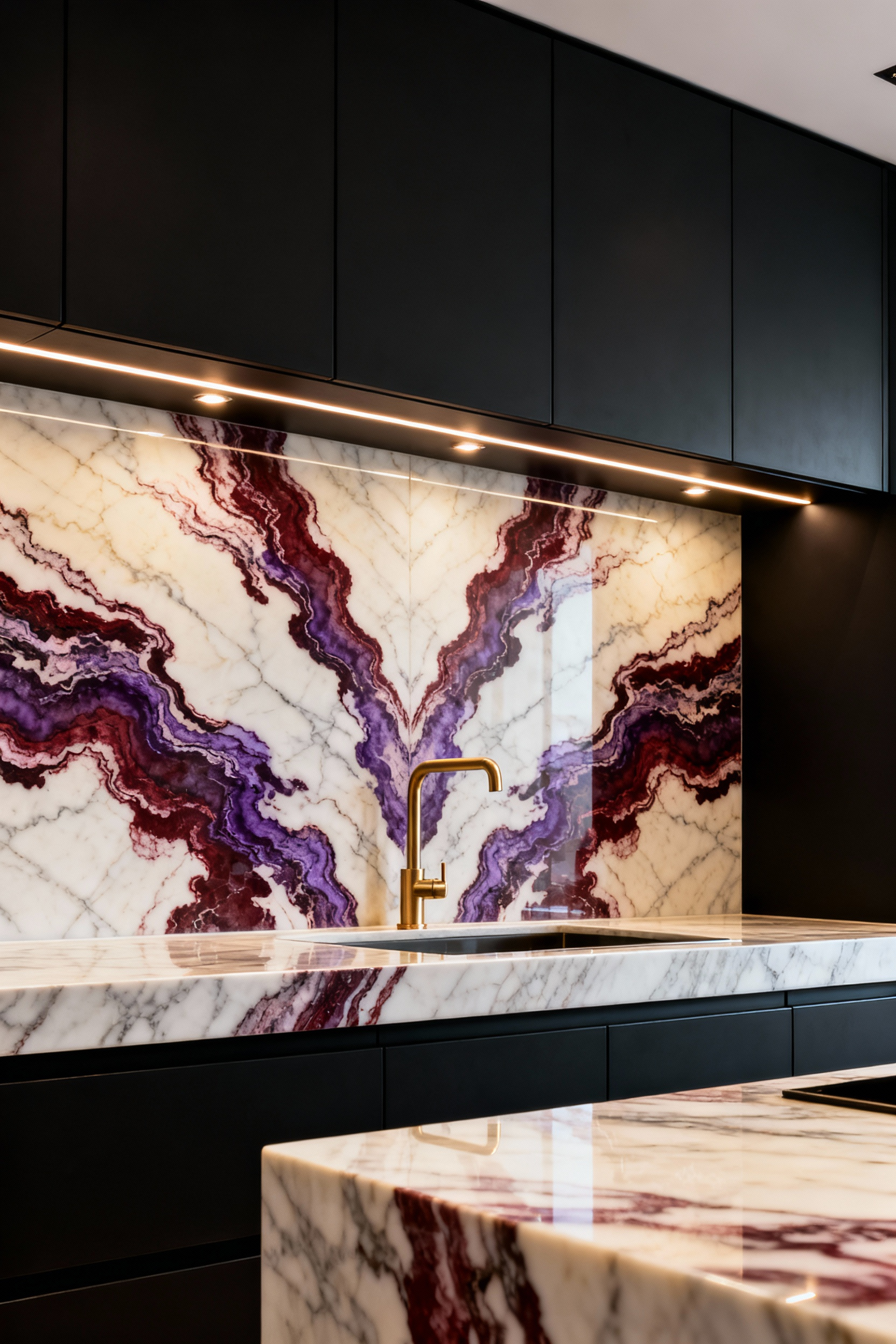 A dramatic, luxurious kitchen interior featuring a large book-matched Calacatta Viola marble backsplash and countertop with symmetrical burgundy and violet veining, illuminated by warm under-cabinet lighting.