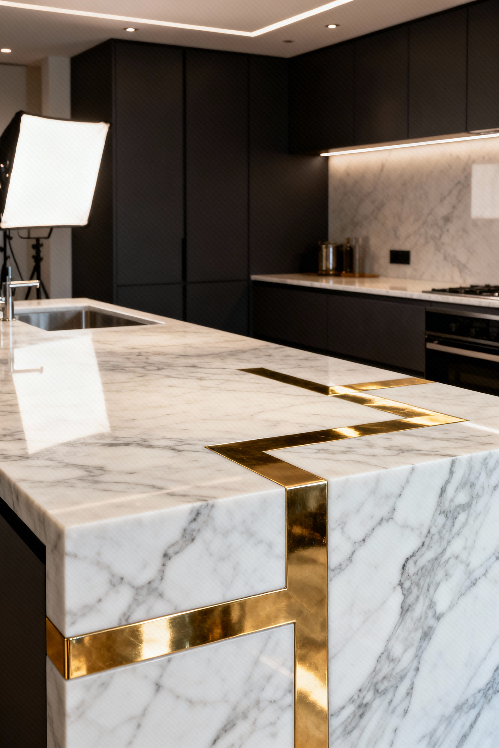 A luxury kitchen island made of cool-white Calacatta marble featuring precision-cut, polished brass inlay banding set flush into the stone surface, highlighting the marriage of natural materials and metalwork.