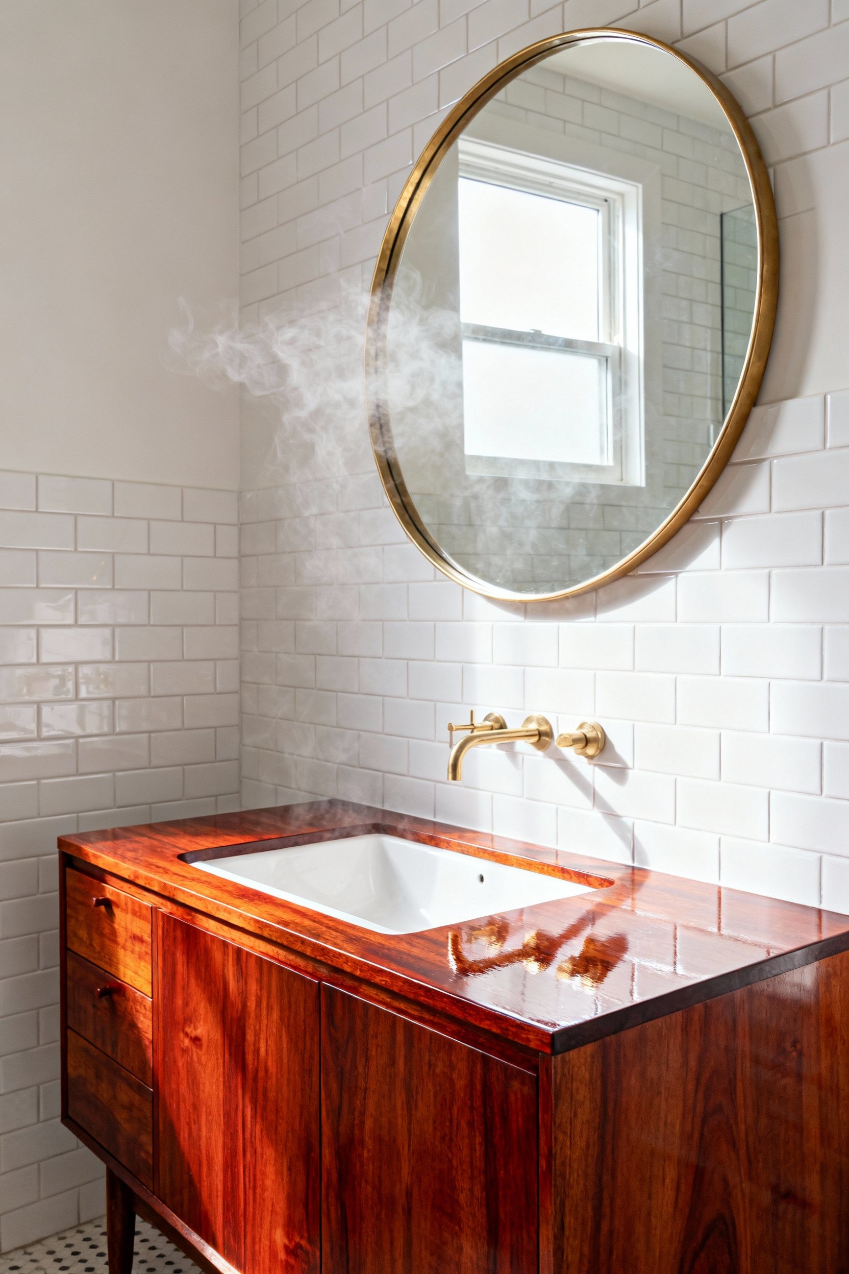 Teak mid-century modern bathroom vanity protected with marine-grade spar varnish, showcasing superior moisture defense in a humid, tiled bathroom environment.