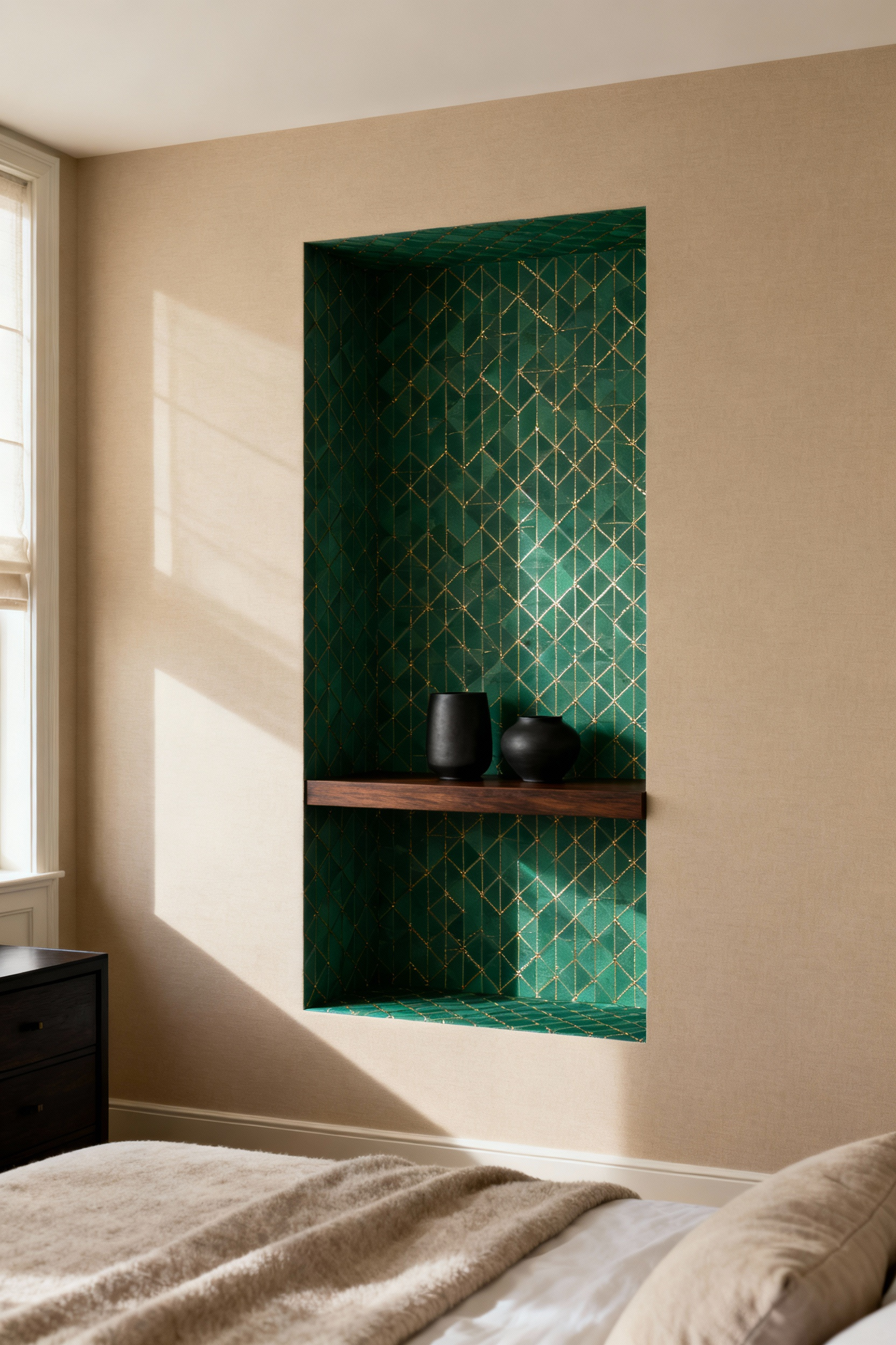 Master bedroom alcove featuring a dark emerald green geometric damask wallpaper contrasting sharply with the surrounding soft beige walls and a dark walnut floating shelf.