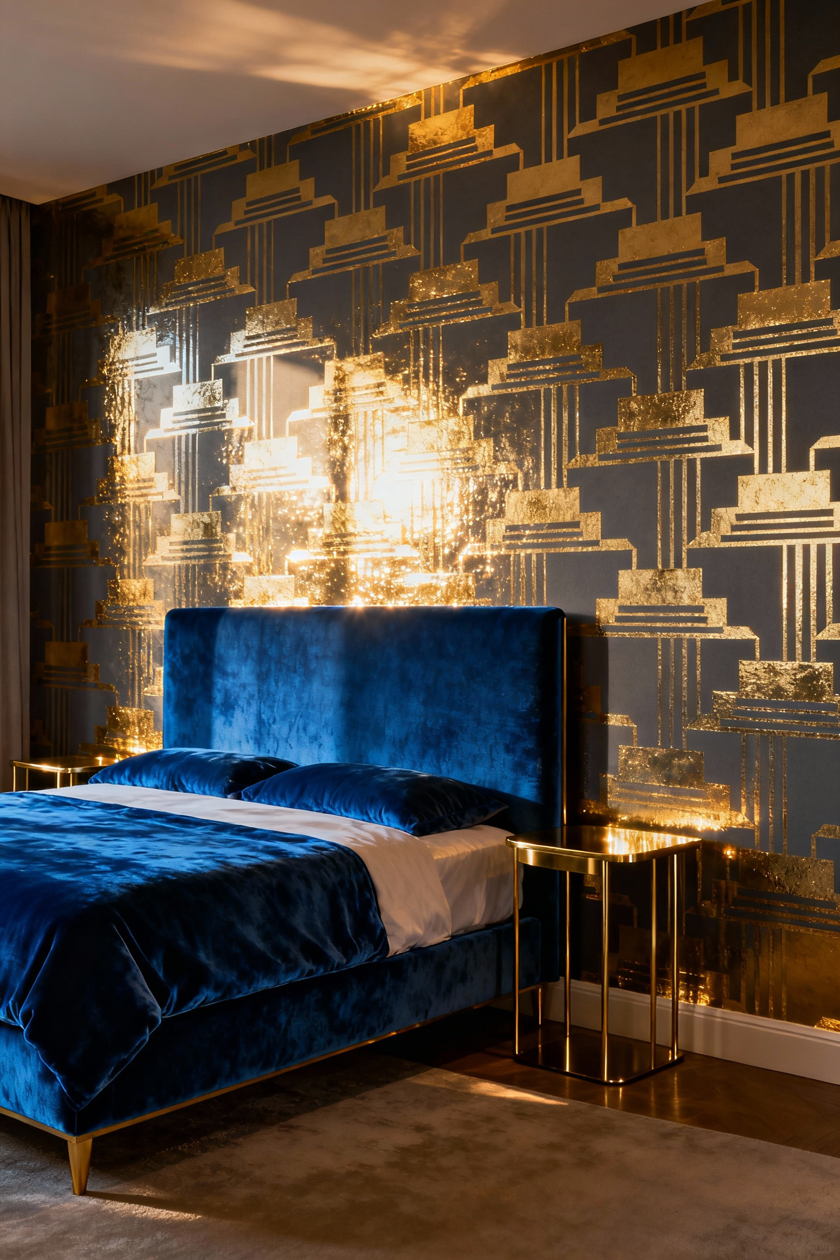 Luxurious master bedroom featuring metallic gold and deep gray Art Deco geometric ziggurat wallpaper emphasizing glamour and architectural precision under warm evening lighting.