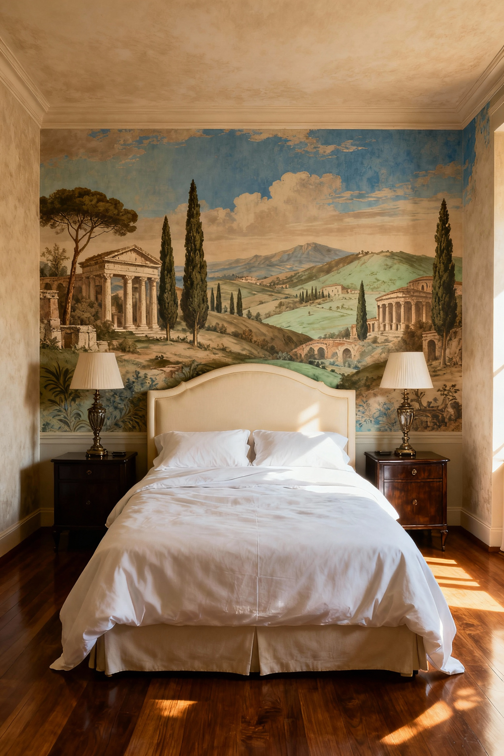 Luxurious master bedroom featuring a panoramic mural of the Italian countryside and classical ruins, designed in the style of 19th-century French scenic wallpaper.