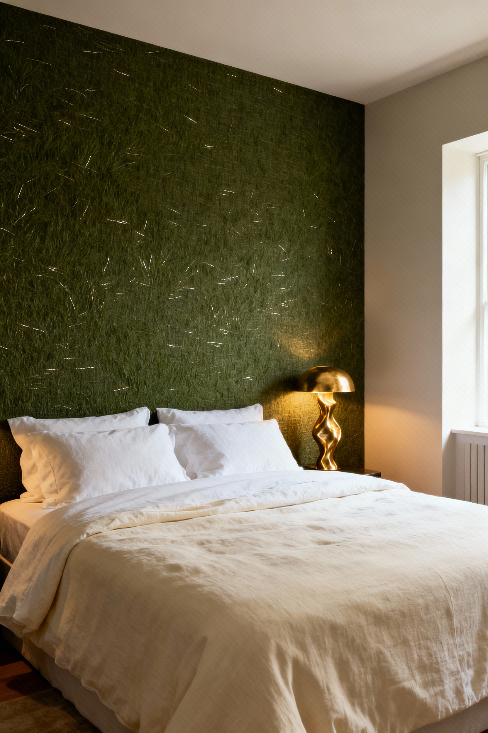 Luxurious master bedroom interior defined by deep moss green textured grasscloth wallpaper behind the bed, showing how wall coverings create sensory depth and transform the space into a personal sanctuary.