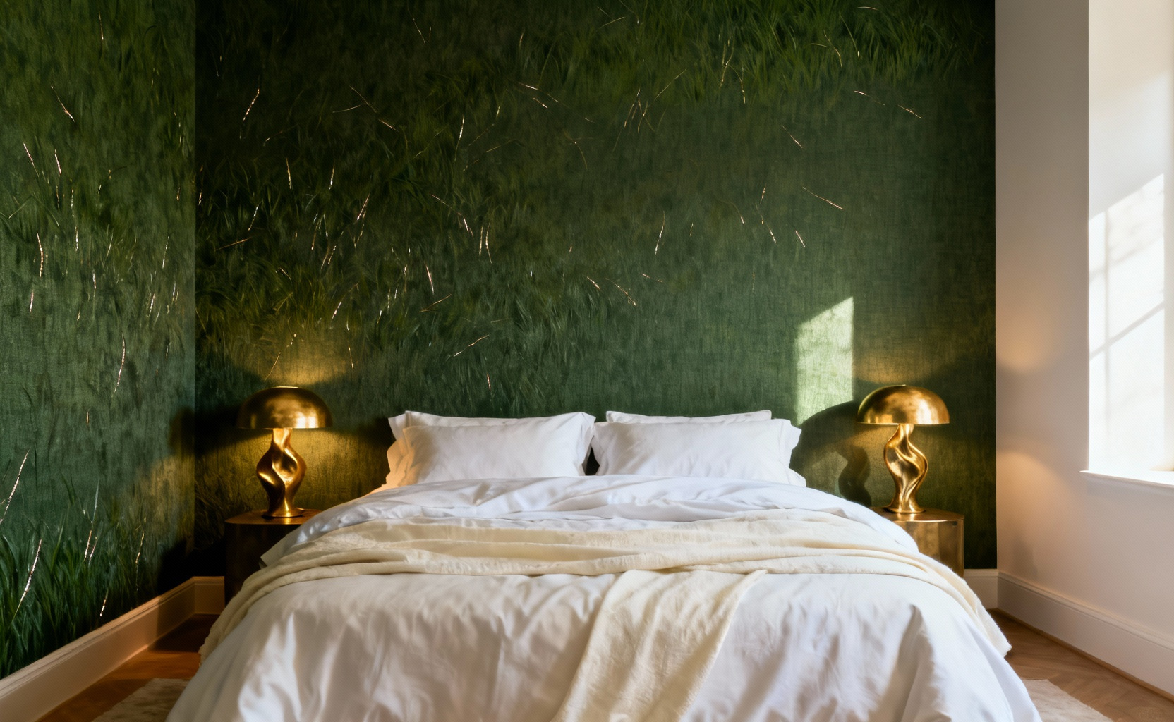 Luxurious master bedroom interior defined by deep moss green textured grasscloth wallpaper behind the bed, showing how wall coverings create sensory depth and transform the space into a personal sanctuary.