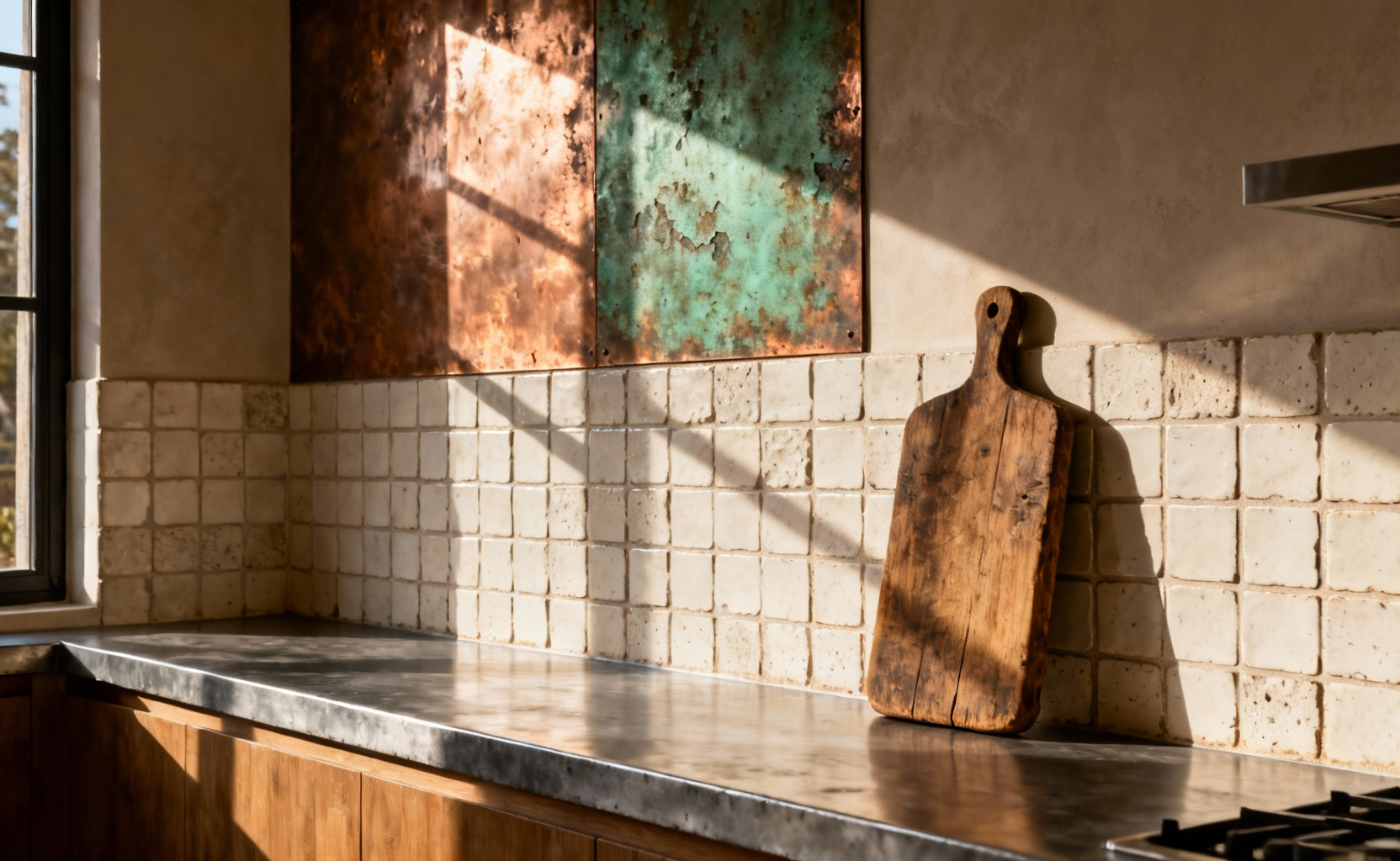 A modern kitchen backsplash featuring aged materials, including handmade Zellige tiles, a sheet of raw, oxidized copper patina, and a zinc countertop, symbolizing design longevity over fleeting trends.