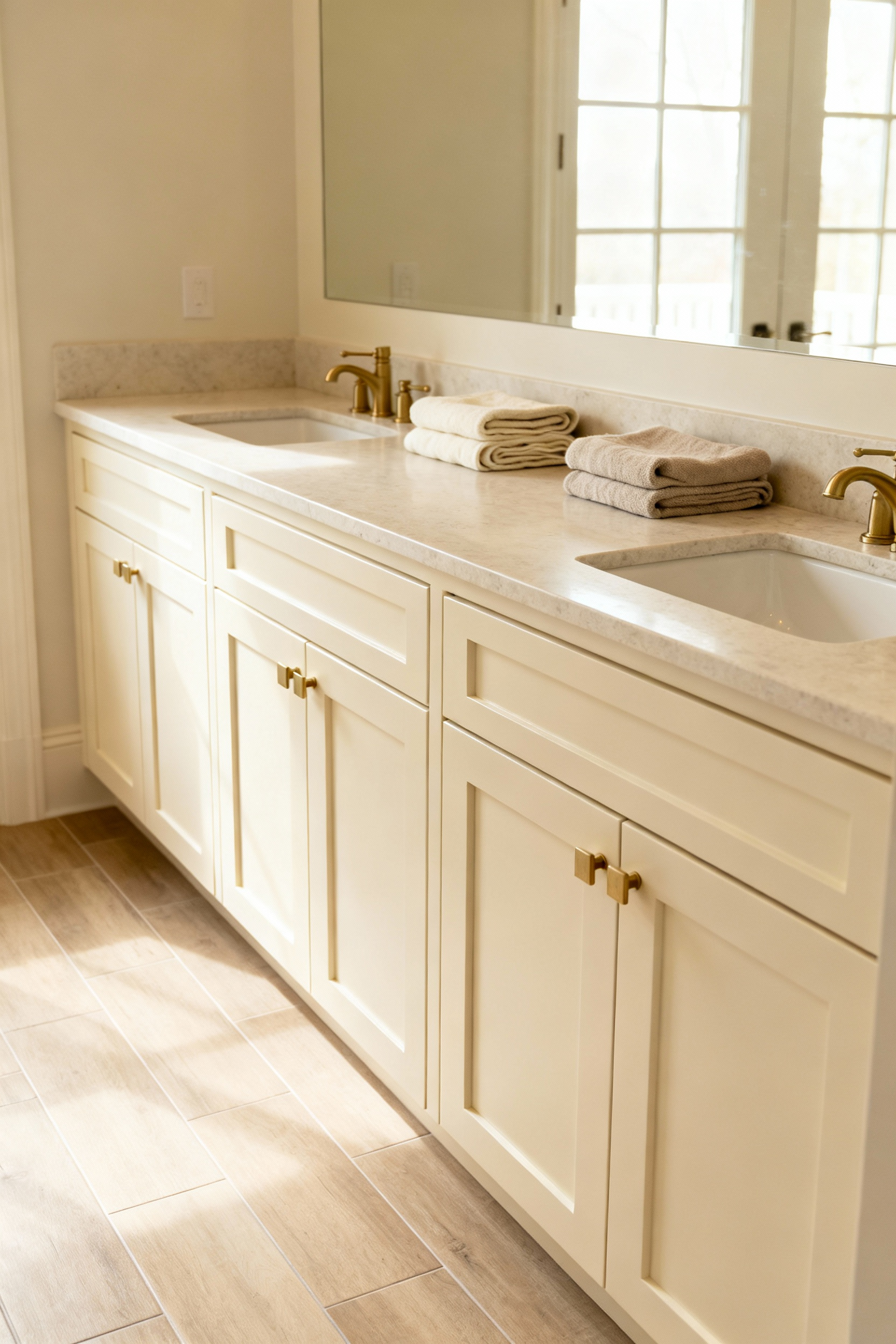 Matte finish, creamy white double vanity in a sunlit coastal bathroom, paired with light honed marble, showcasing a sophisticated, warm aesthetic free from high-gloss glare.