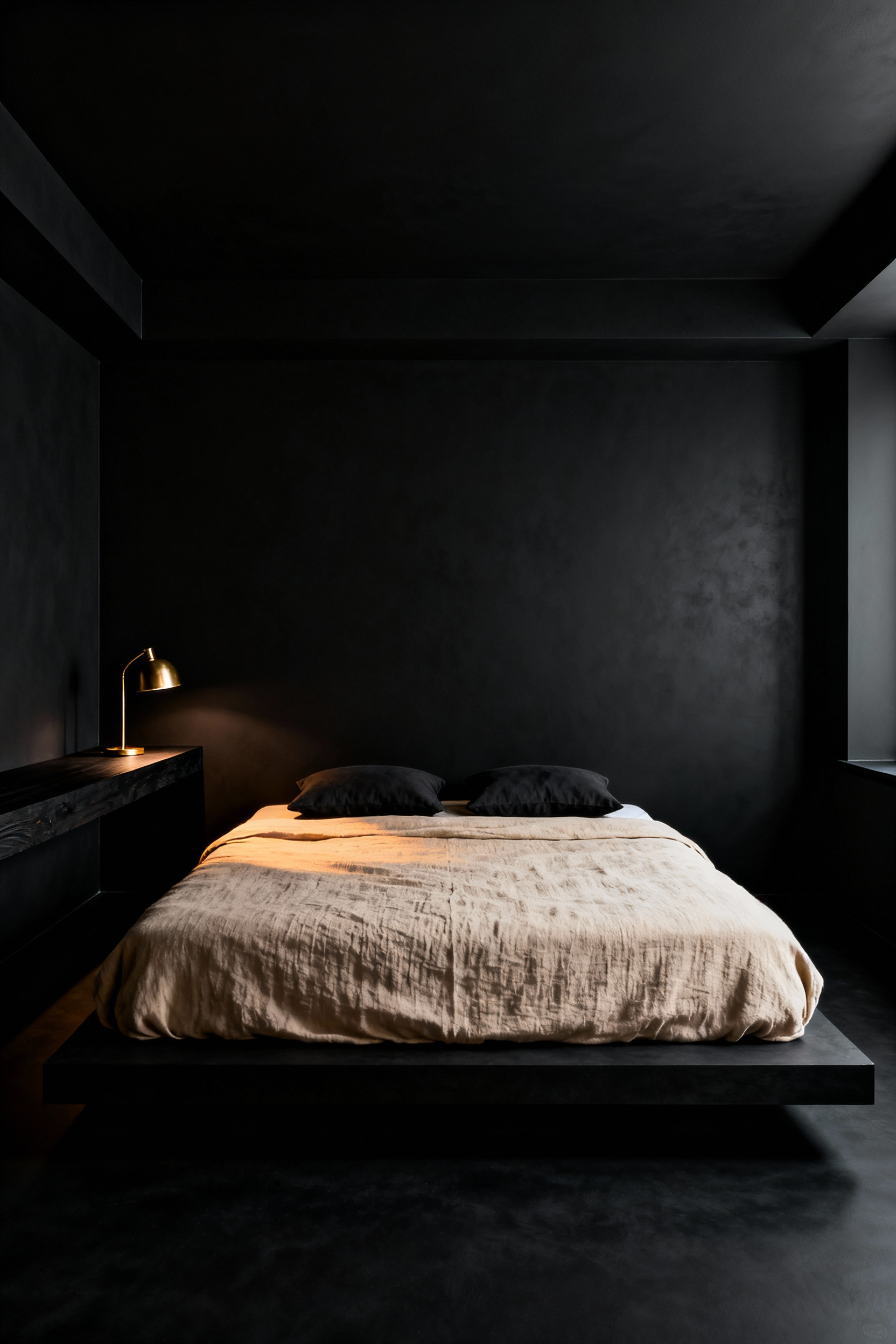 A dramatic and minimalist bedroom painted entirely in ultra-matte obsidian black. The finish absorbs light, creating an 'Infinite Void' effect where the room's corners and boundaries vanish, expanding the perceived space. A low bed with light oatmeal-colored linen provides warm contrast.