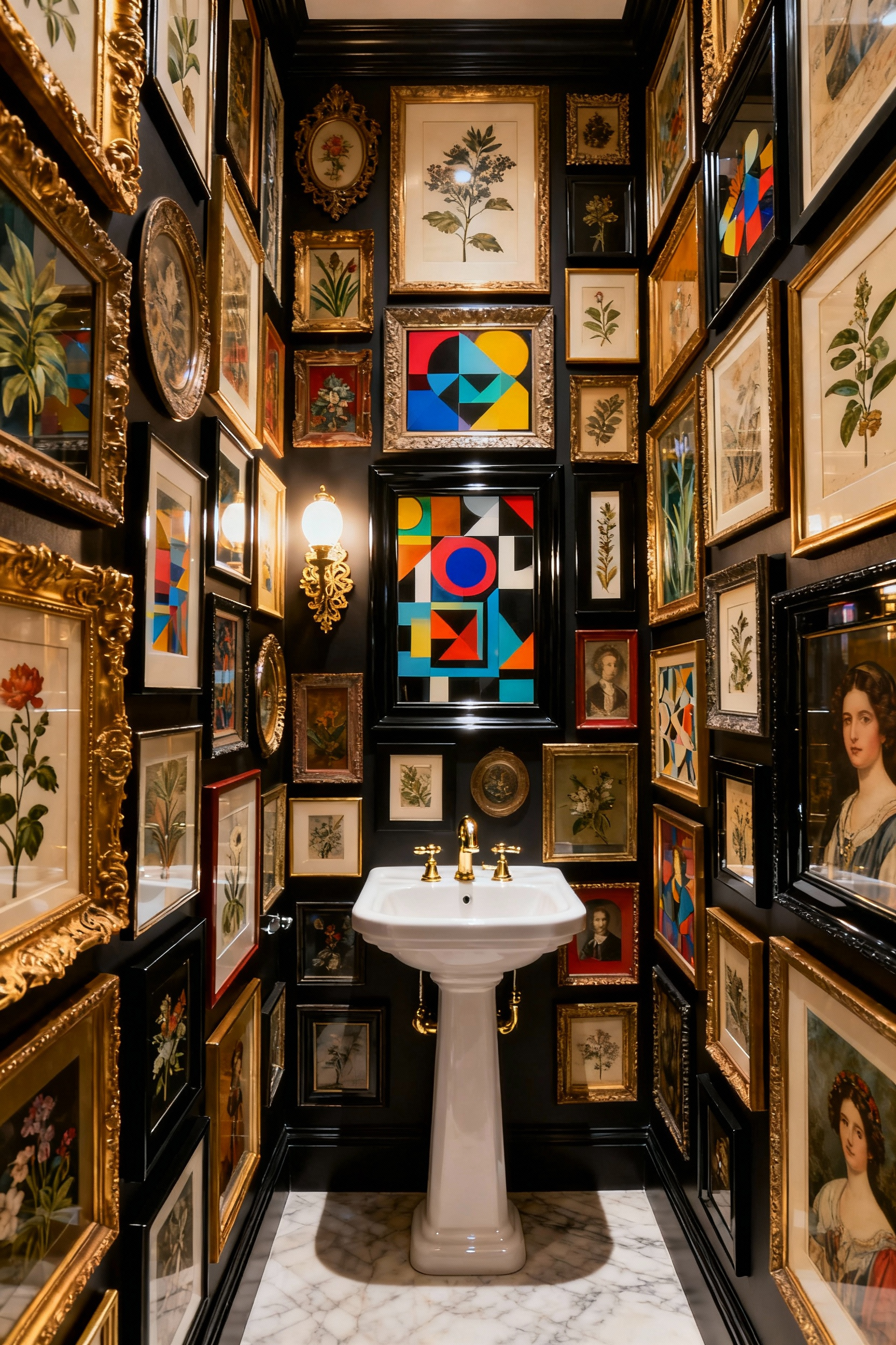 A compact bathroom with dark walls entirely covered from floor to ceiling in a maximalist, dense gallery wall featuring hundreds of mixed-subject art prints and eclectic frames.