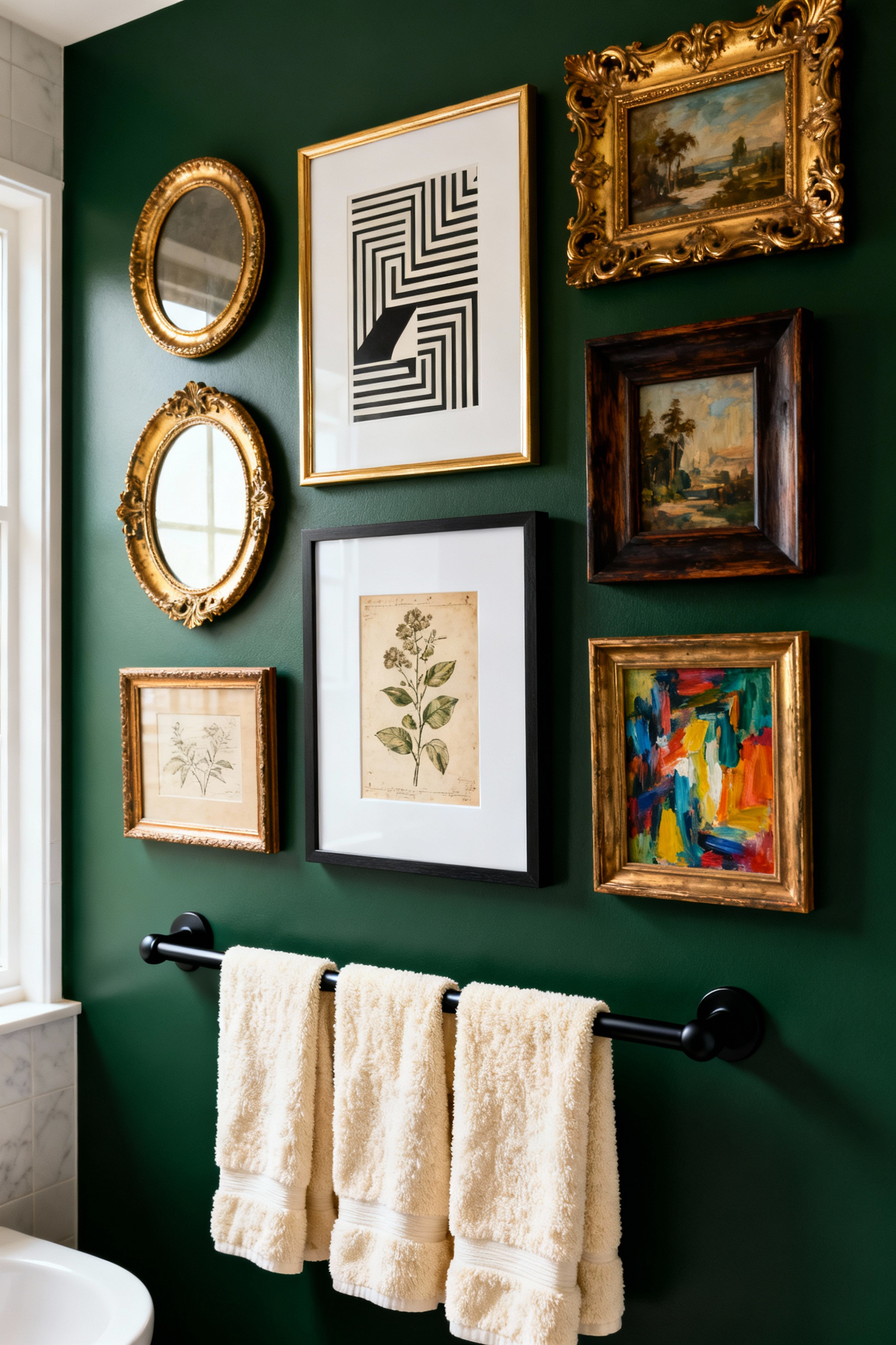 A horizontal maximalist salon-style gallery wall displayed above a matte black towel bar in a luxurious bathroom. The arrangement features mixed frame styles and art sizes, creating visual depth and curated chaos.