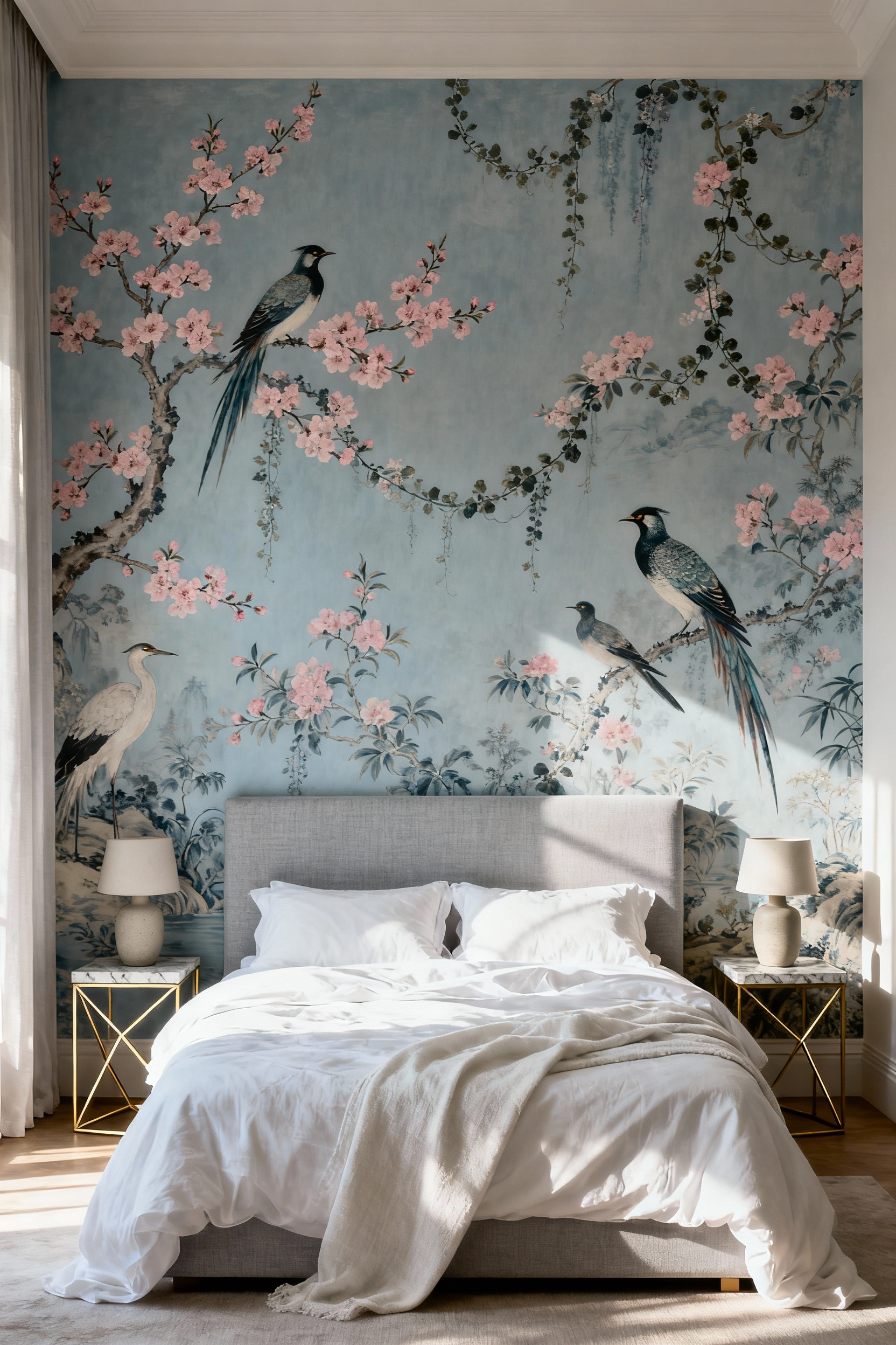 Luxurious bedroom featuring a full wall Chinoiserie scenic mural acting as the bedroom wallpaper accent wall behind a king-sized bed with white linens.