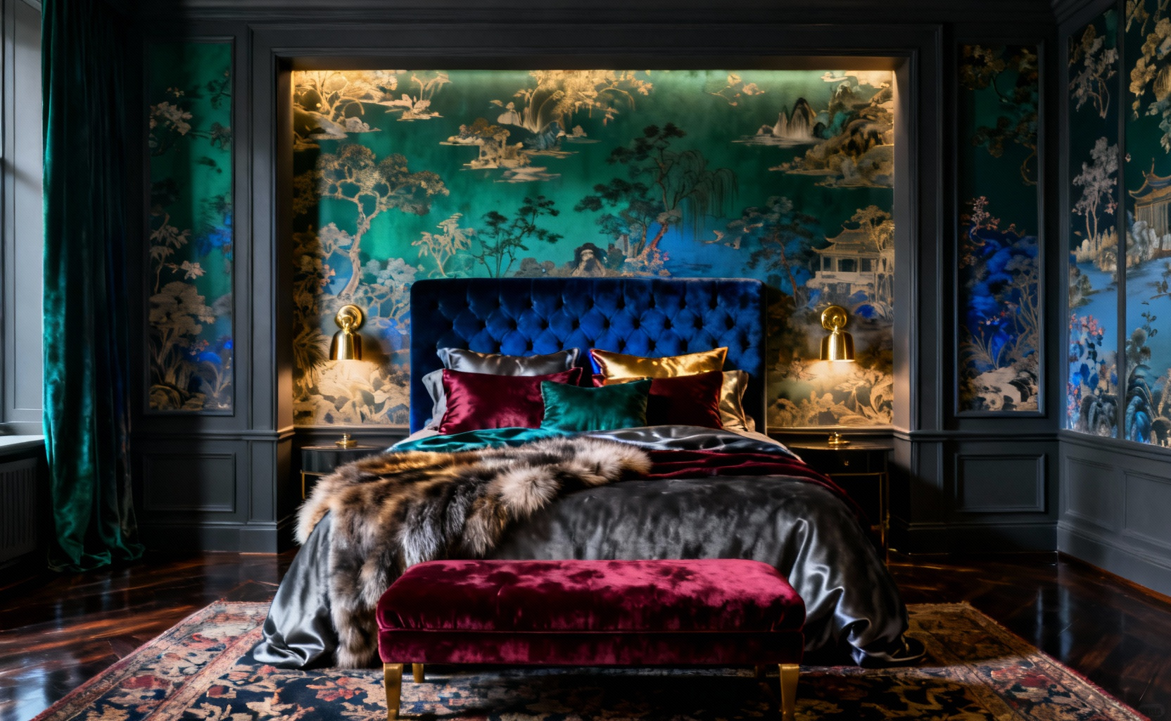 A maximalist bedroom featuring a dramatic, gold-accented botanical wallpaper accent wall recessed by navy painted molding behind a ruby red tufted velvet headboard, illustrating the concept of the wall as an architectural anchor.
