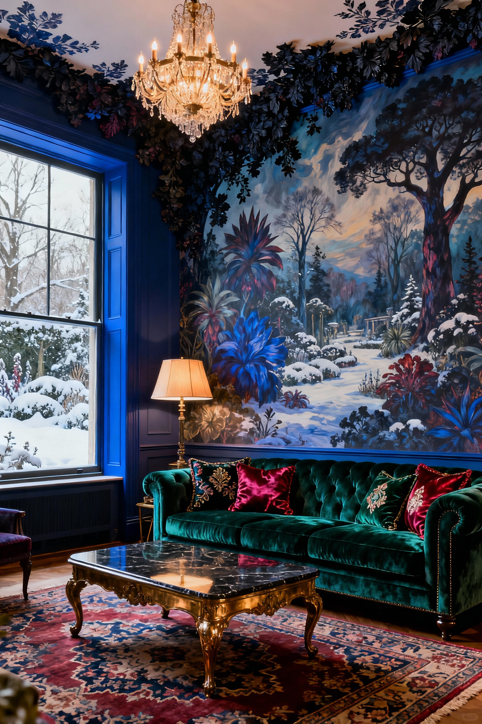 A luxurious maximalist living room featuring a dramatic, floor-to-ceiling, non-repeating scenic botanical wall mural that makes the space feel like a sprawling winter garden. The room includes an emerald velvet sofa and brass accents.