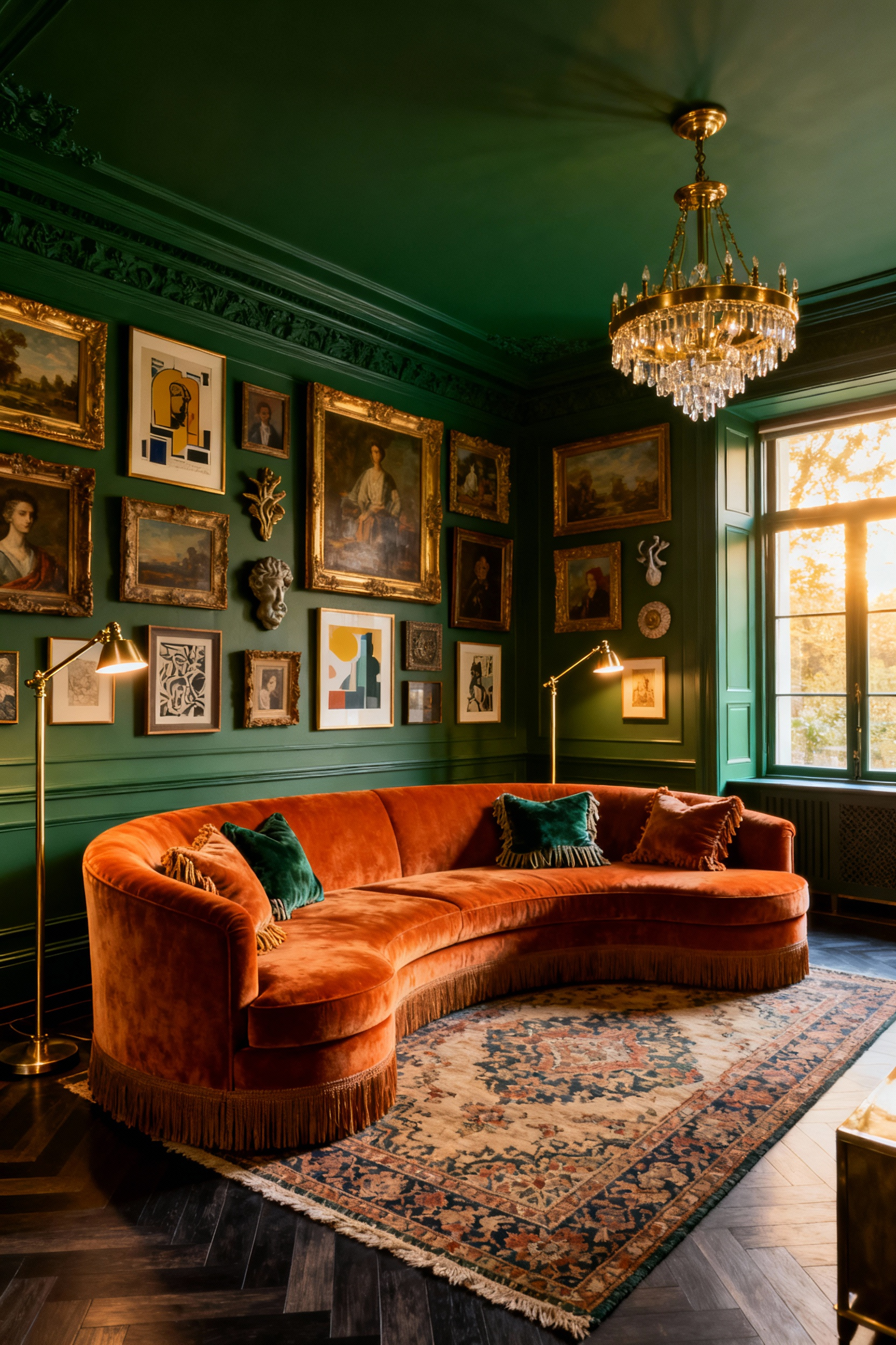 A maximalist living room completely color-drenched in a deep Hunter Green paint, with walls, trim, and ceiling all painted the same color to blur boundaries. A rust-colored velvet sofa sits beneath a densely packed gallery wall featuring ornate gold-framed eclectic artwork.