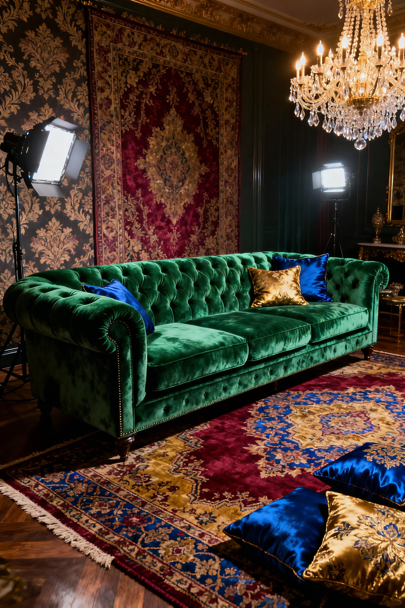 Oversized Emerald Green velvet tufted sofa acting as the centerpiece in a luxurious maximalist living room with patterned walls and layered Persian rugs.