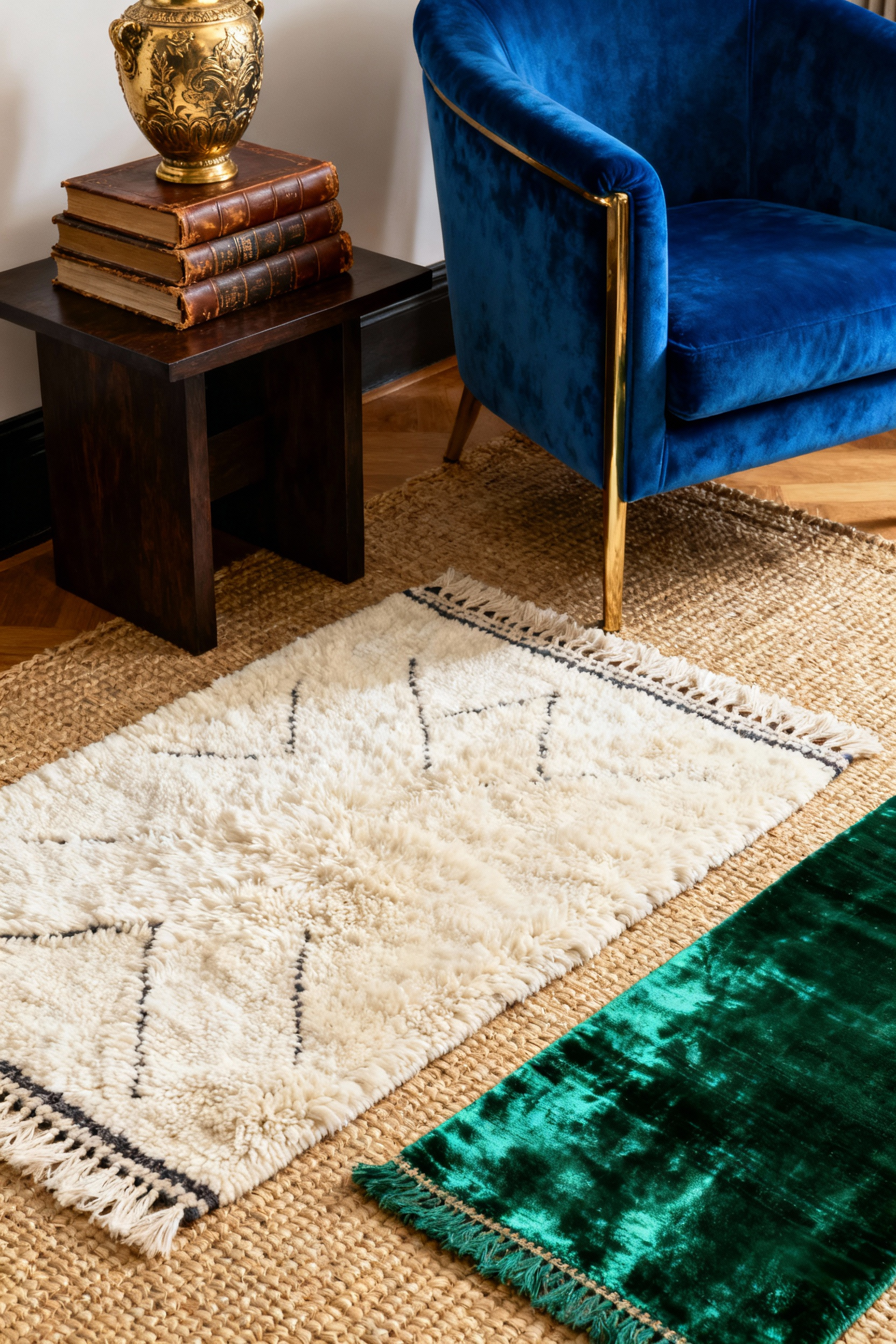 A maximalist living room interior demonstrating luxury rug layering, featuring a massive neutral jute base rug overlaid with a high-pile shaggy white Moroccan rug and a textured jewel-toned silk accent rug, creating a dense landscape of tactile depth.