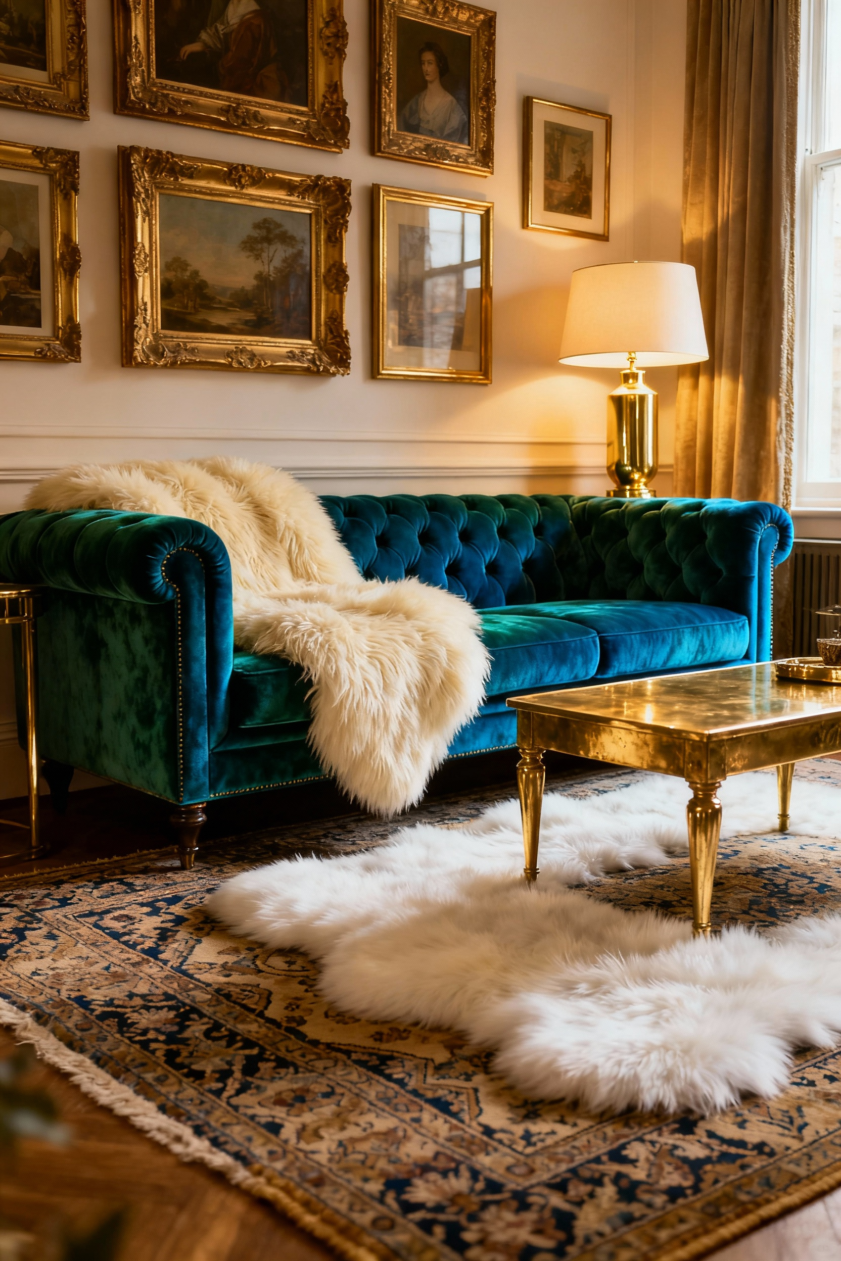 A dramatically lit maximalist living room showcasing tactile luxury, featuring a sapphire velvet sofa, brass lighting, and layered textures including a heavy faux fur throw and a sheepskin rug over a Persian carpet.