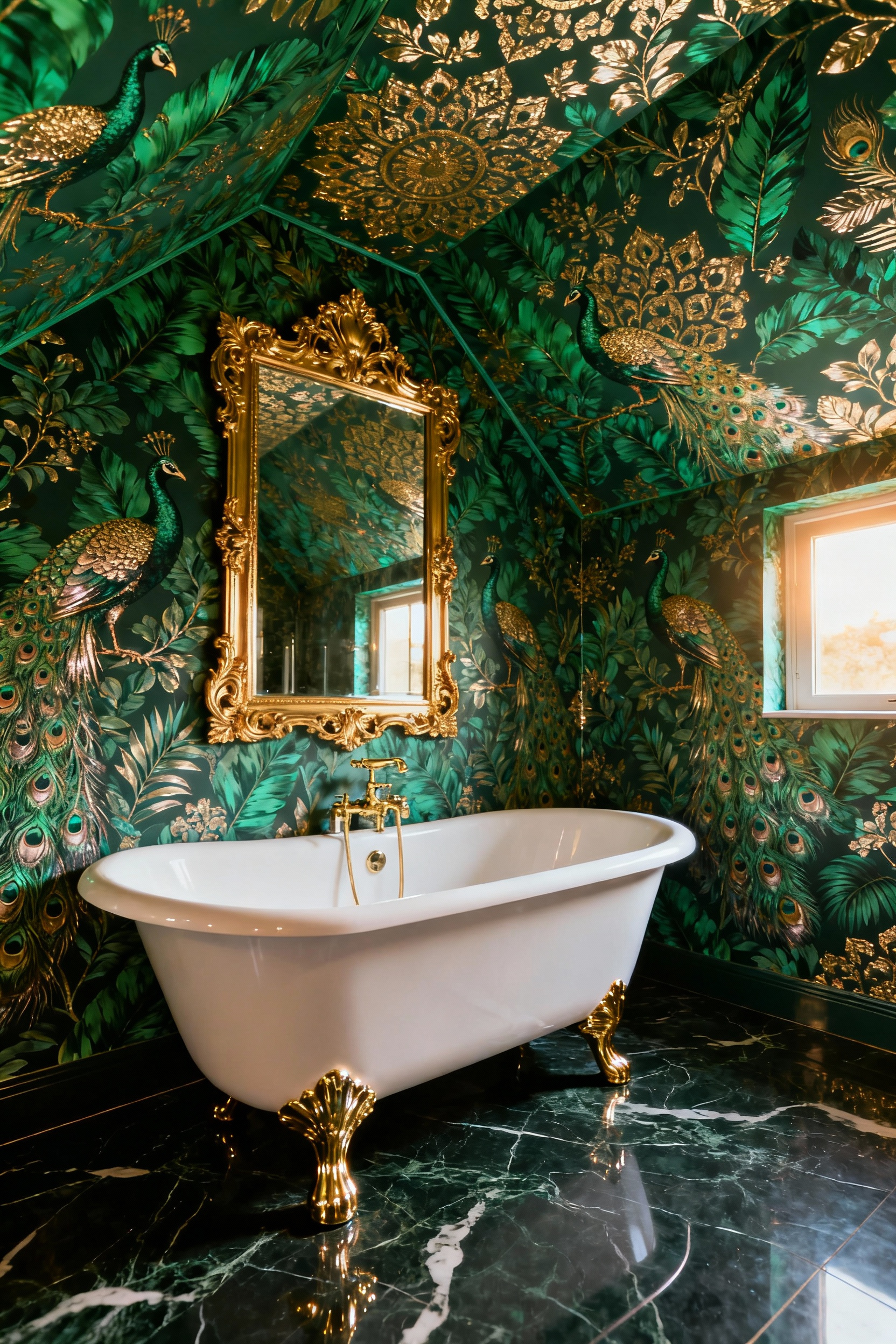 Maximalist bathroom featuring deep emerald and gold peacock wallpaper that extends from the walls to the ceiling, illustrating the "fifth wall" pattern drenching technique.