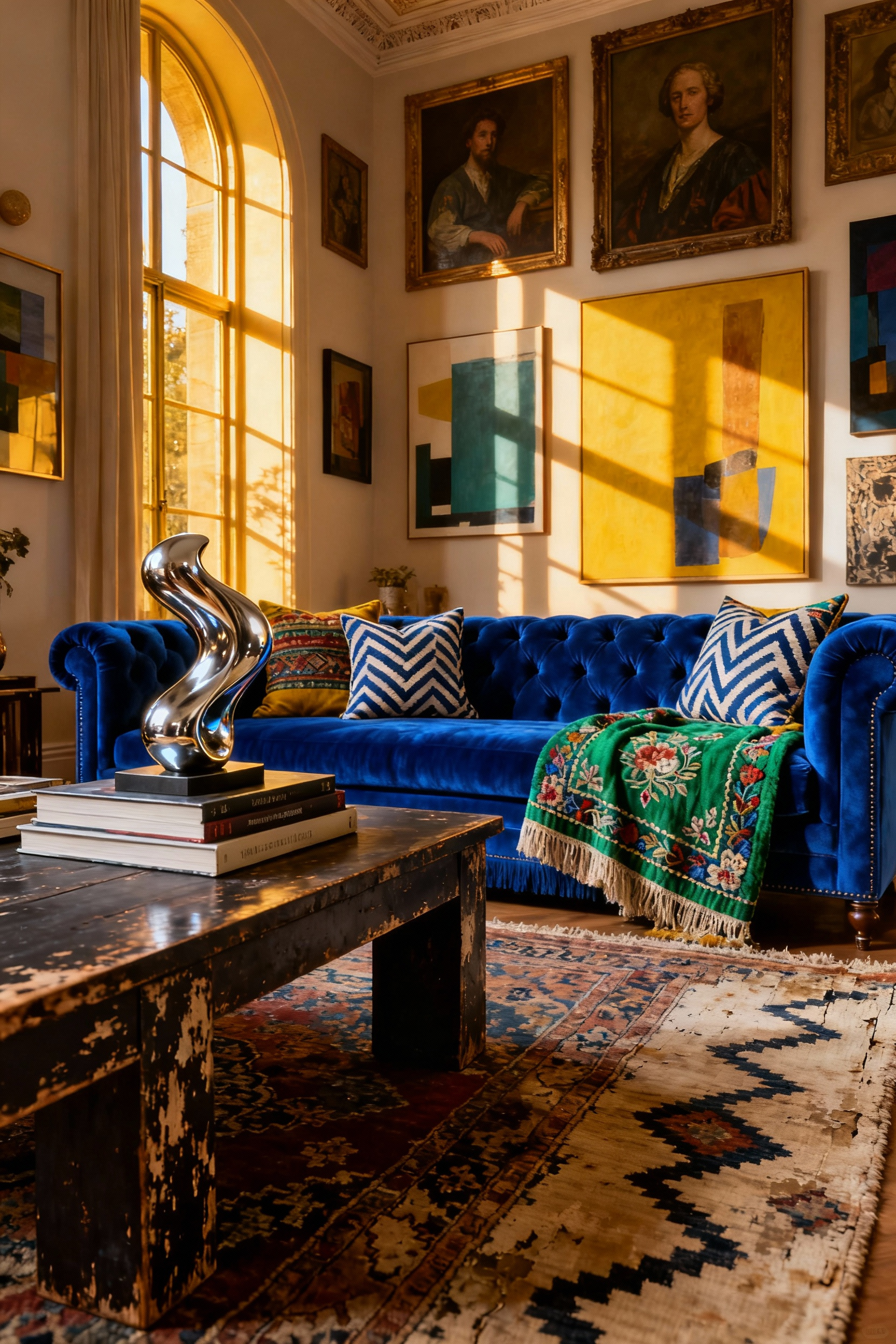 An intensely curated maximalist living room featuring a sapphire velvet sofa layered with multicultural textiles, an antique wood console, and a stark chrome contemporary sculpture, captured in dramatic golden hour light.