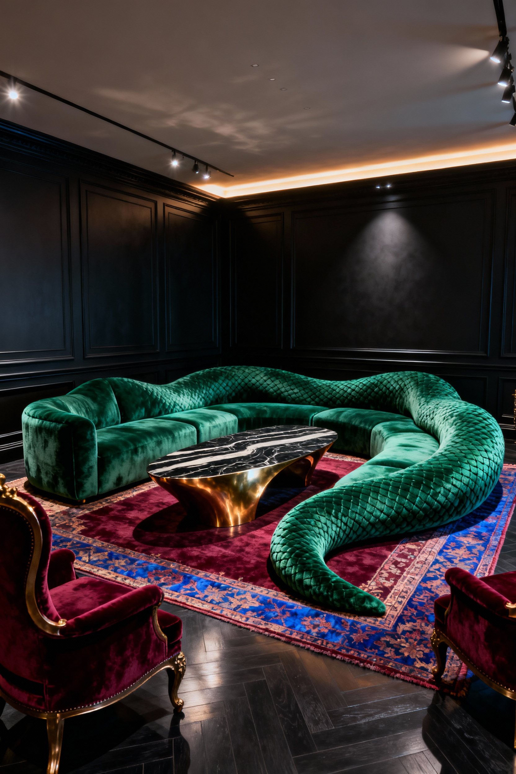 A dramatic maximalist living room anchored by a monumental, curved modular sofa upholstered in deep emerald green velvet, set against dark walls under moody, high-contrast spotlighting.