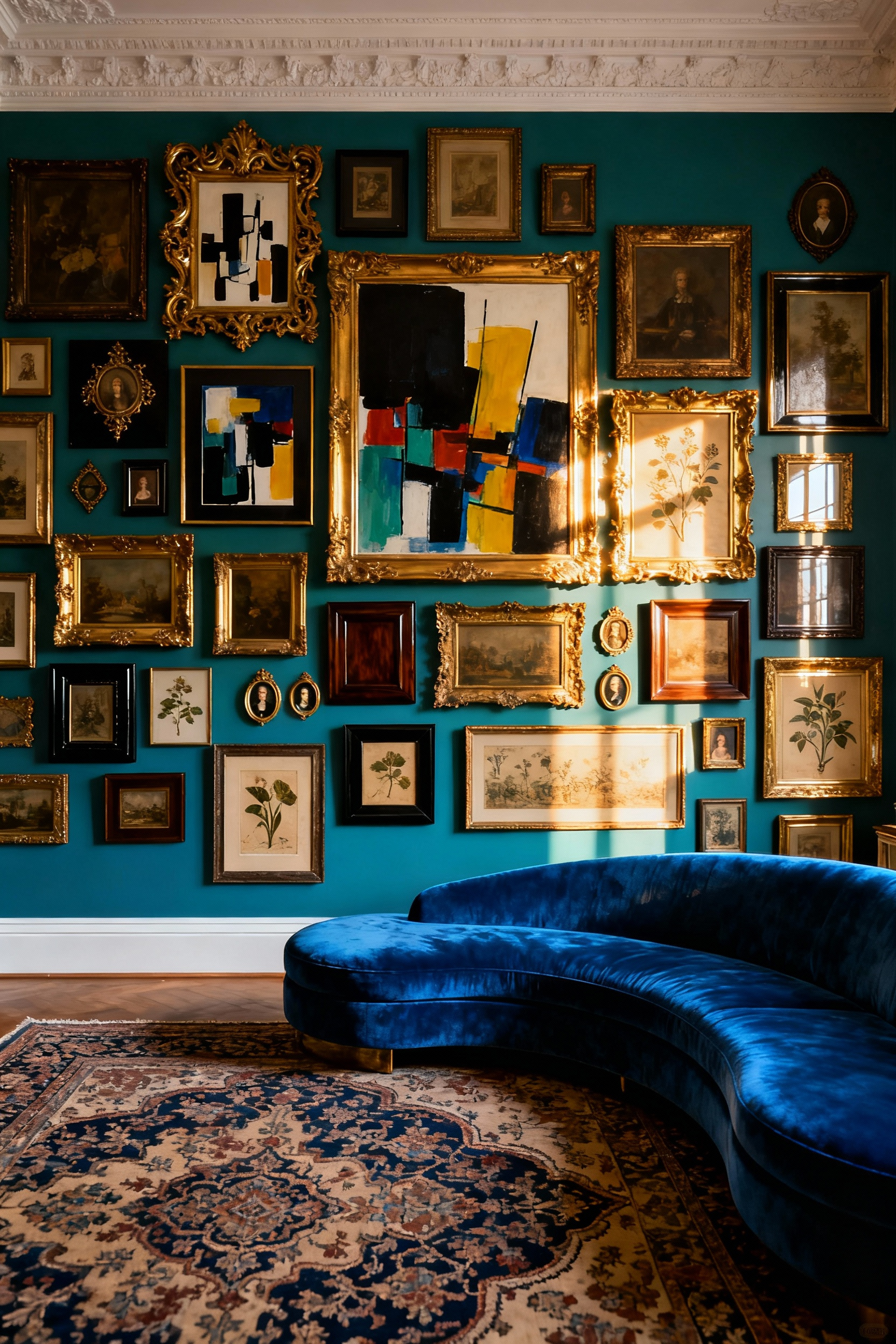 A floor-to-ceiling maximalist gallery wall featuring hundreds of ornate, gold-framed artworks creating an enveloping, jewel-toned cocoon in a luxurious living room setting.