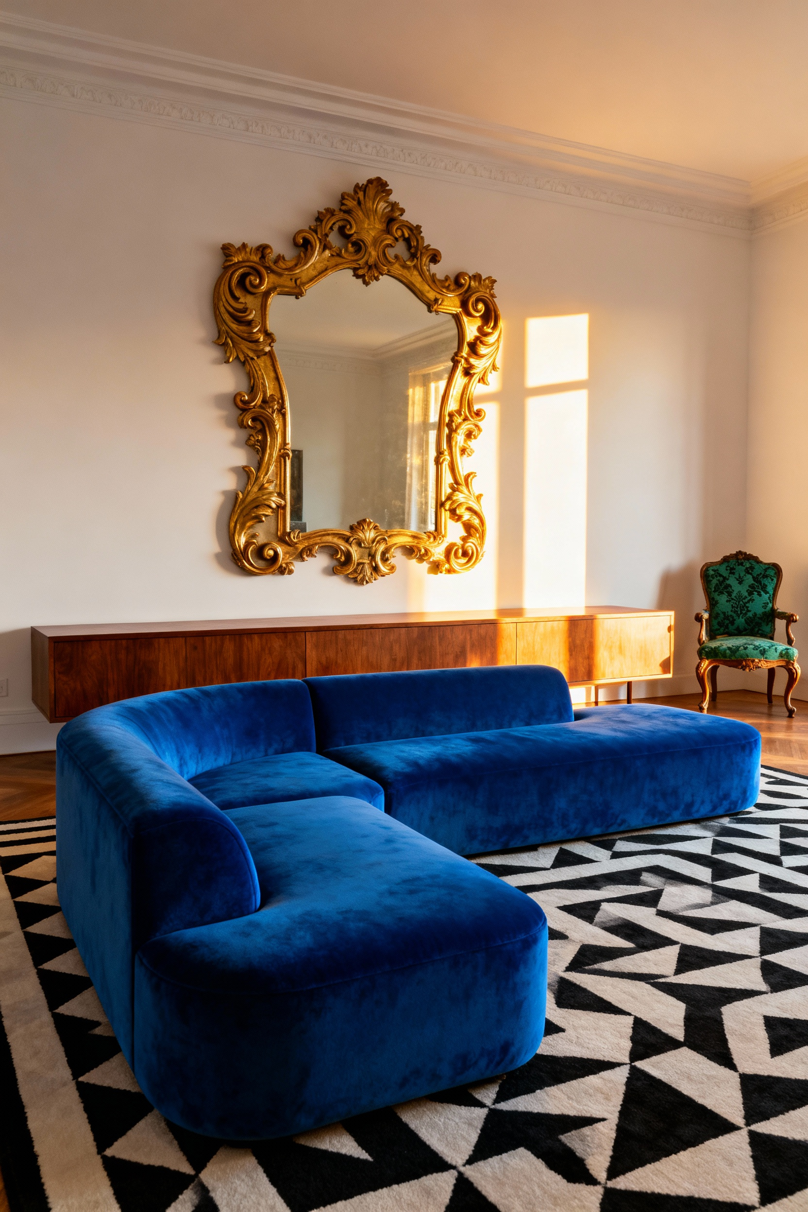 A luxurious maximalist living room featuring a bold blend of Mid-Century Modern and Rococo styles, centered around a deep velvet sectional sofa, a walnut credenza, and a dramatic, oversized gold gilt-framed mirror.