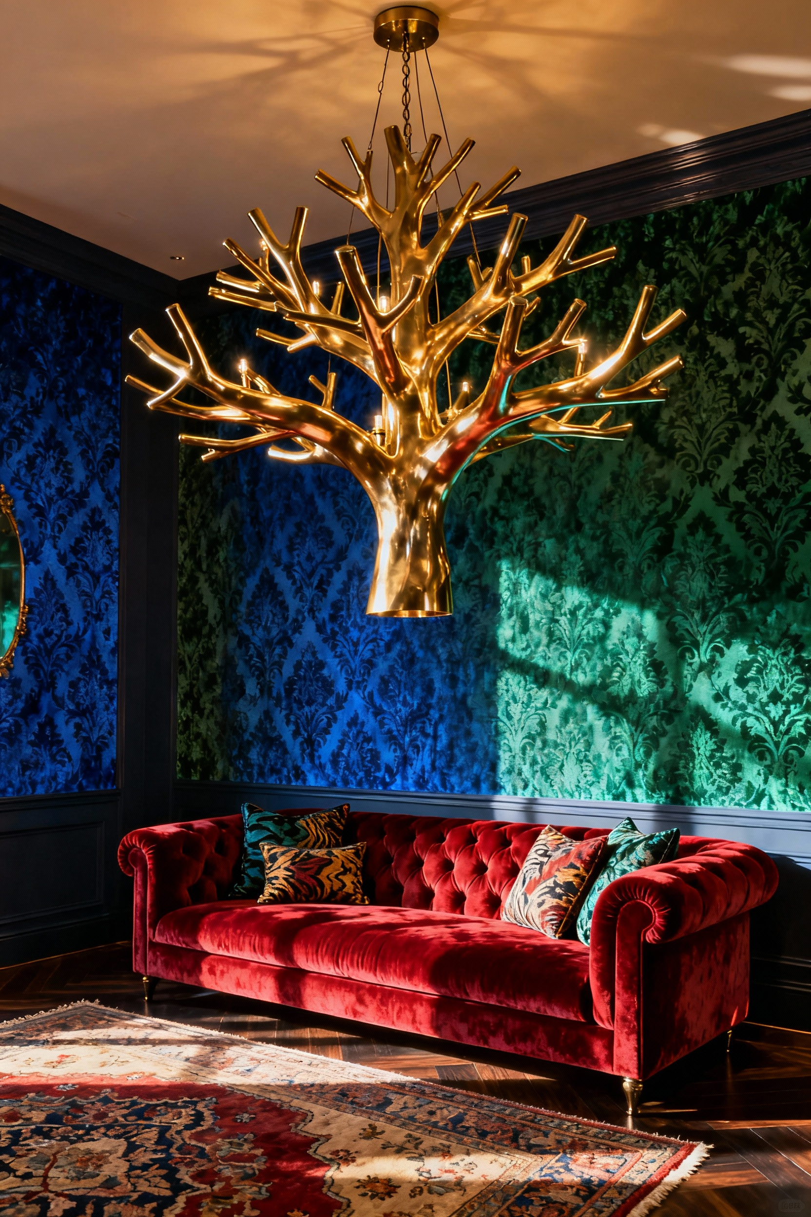 Oversized, sculptural brass branching chandelier dominating a maximalist living room decorated with a ruby red tufted velvet sofa, layered Persian rugs, and deep sapphire damask wallpaper.