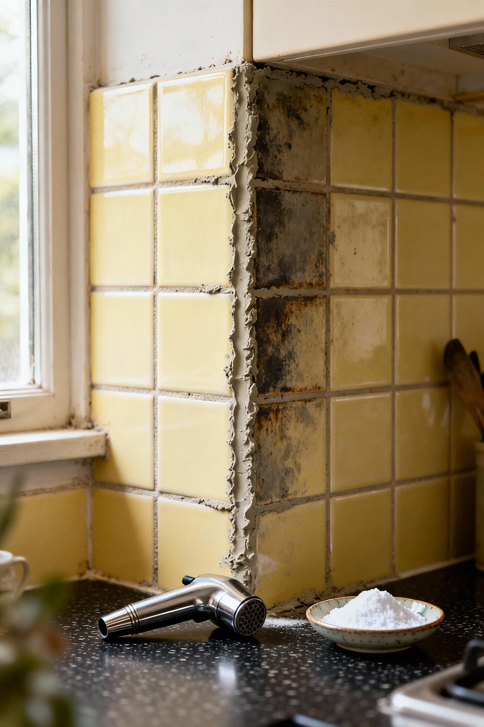 Detailed image of a mid-century pale yellow tile kitchen backsplash showing the contrast between dirty and newly cleaned original cement grout during restoration.