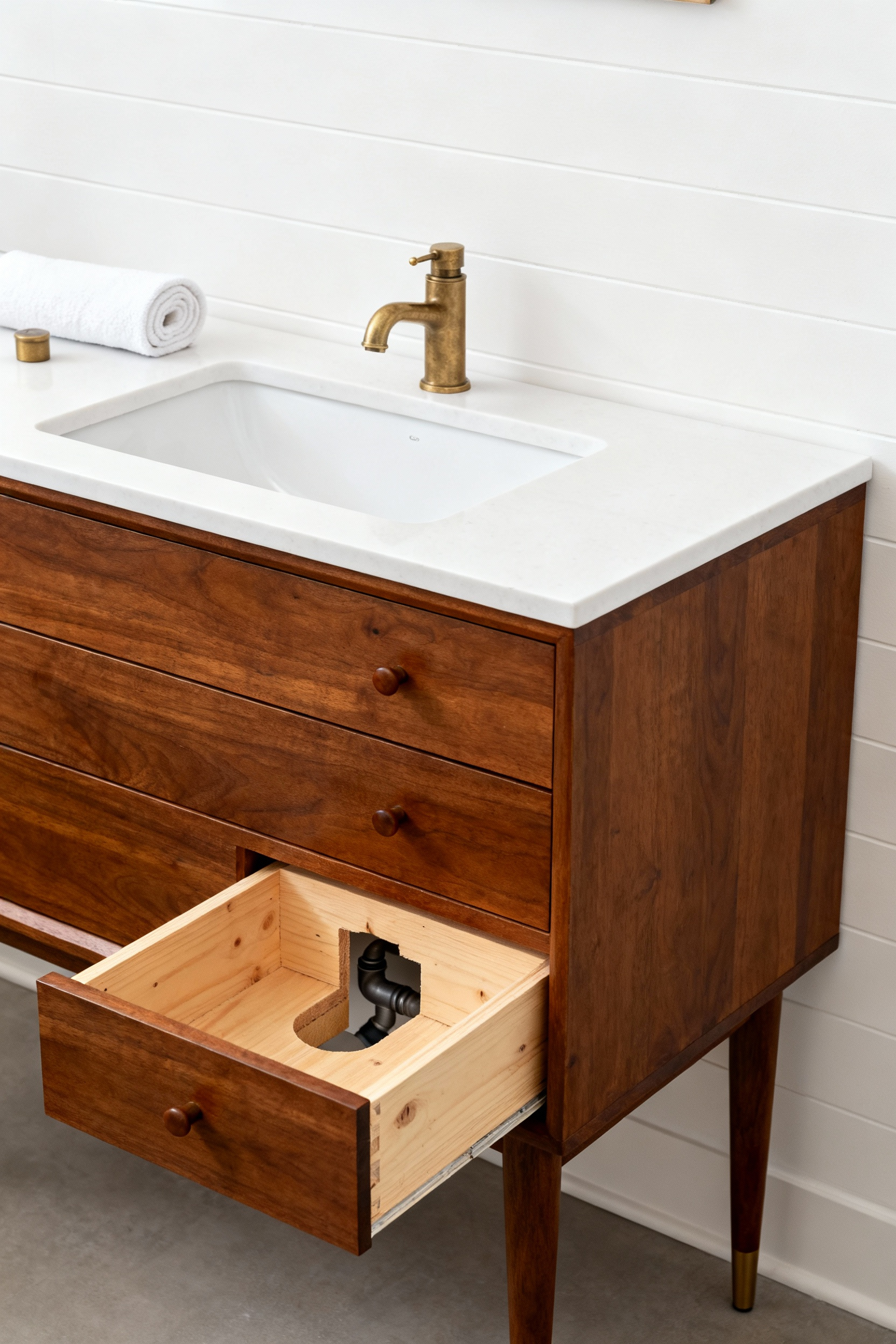 Detailed view of a structurally modified mid-century modern walnut lowboy dresser converted into a robust bathroom vanity, showing the integration of an undermount sink and custom drawer clearance for plumbing.