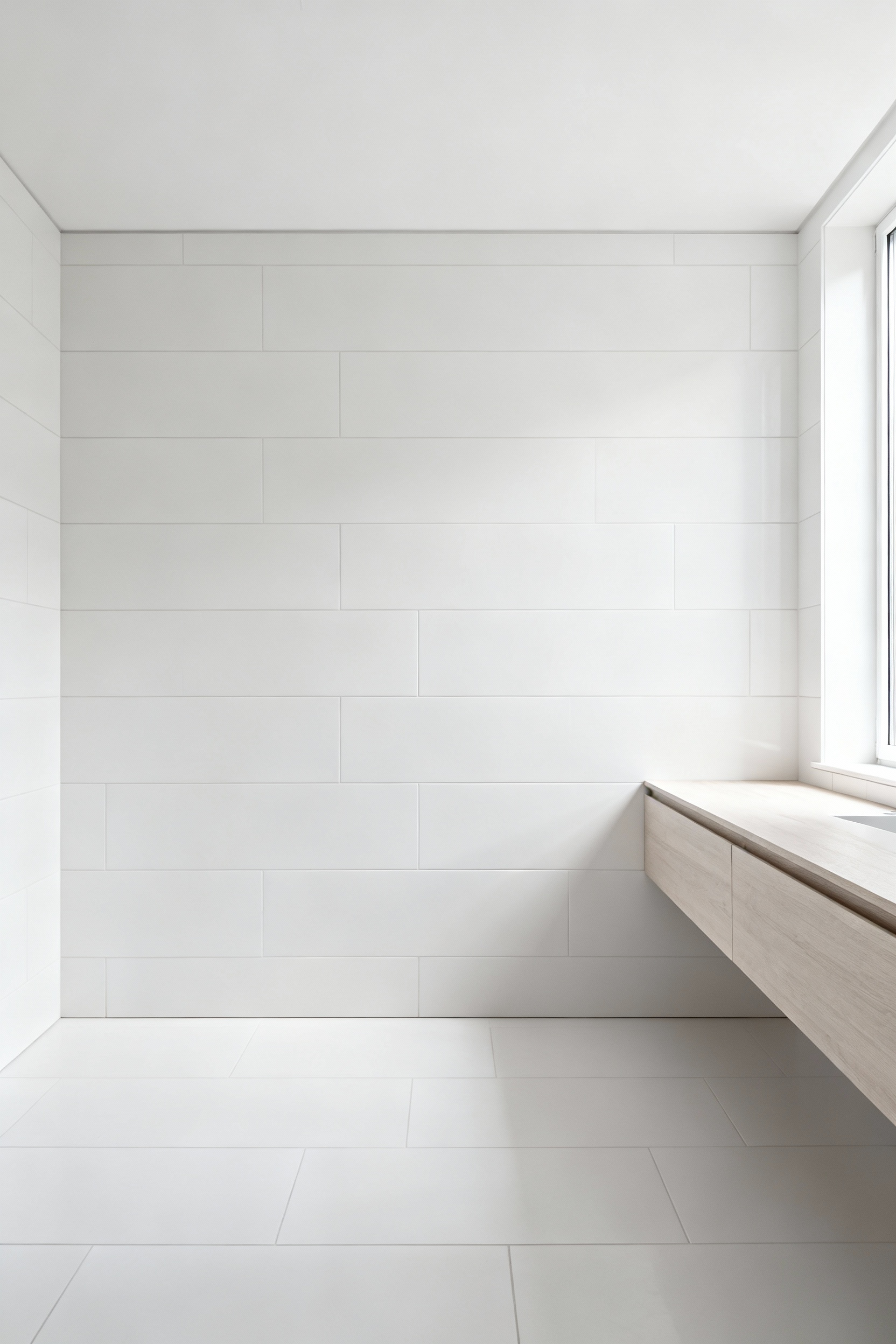 A serene minimalist bathroom featuring large-format matte white tiles, a light wood vanity, and soft natural lighting. The design emphasizes reduced visual clutter and a tranquil ambiance for sensory mitigation.