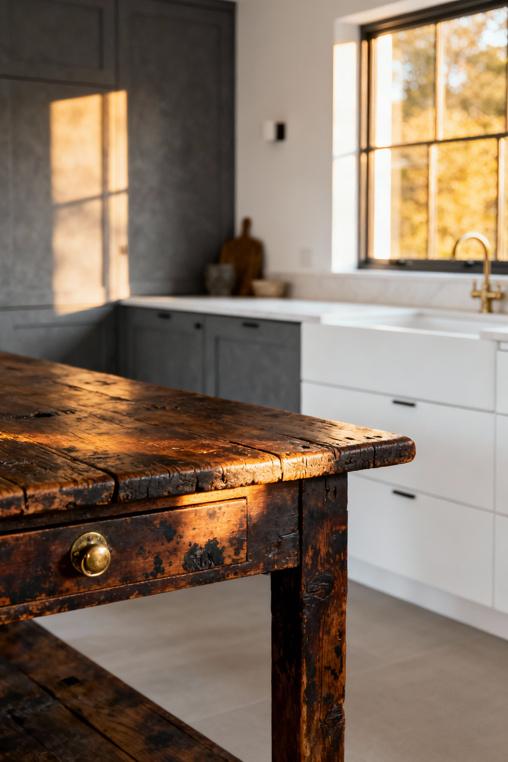 A freestanding, heavily distressed oak draper's table serves as the functional island in a sleek, modern farmhouse kitchen, disrupting the monotony of the surrounding new cabinetry.