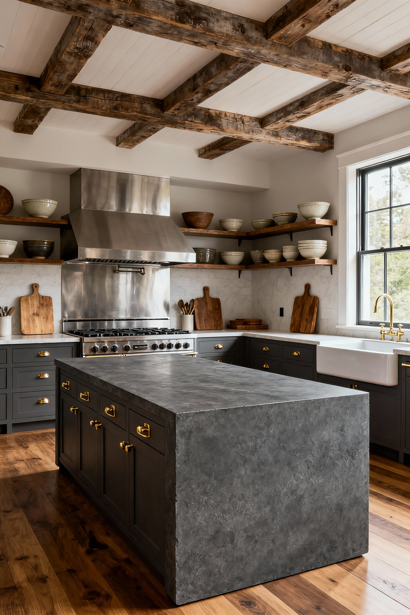 A sophisticated, well-lit modern farmhouse kitchen emphasizing utility, featuring a large central island with a honed, dark stone countertop, a professional-grade stainless steel range, and durable wood elements.