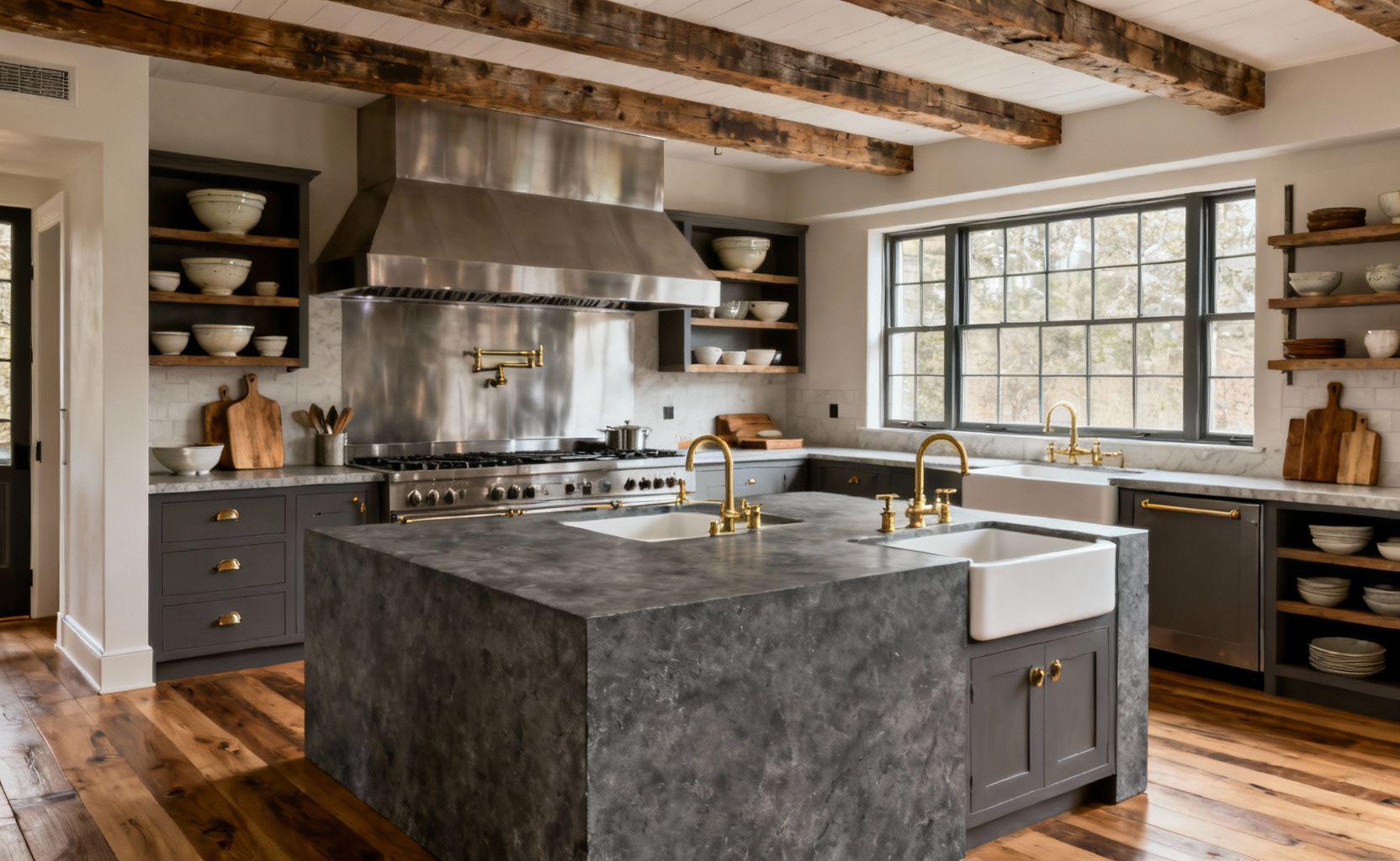 A sophisticated, well-lit modern farmhouse kitchen emphasizing utility, featuring a large central island with a honed, dark stone countertop, a professional-grade stainless steel range, and durable wood elements.